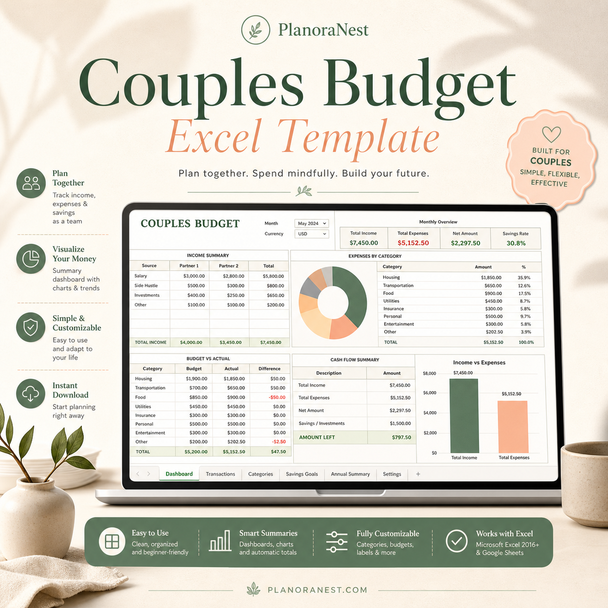 couples budget excel template cover screenshot — PlanoraNest Excel template