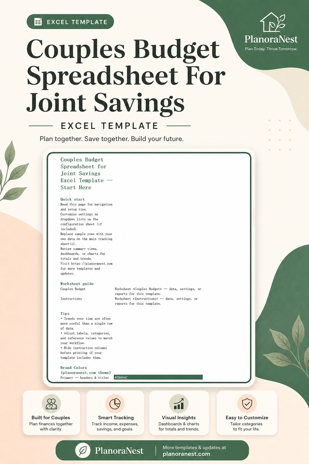couples budget spreadsheet for joint savings excel template cover screenshot — PlanoraNest Excel template
