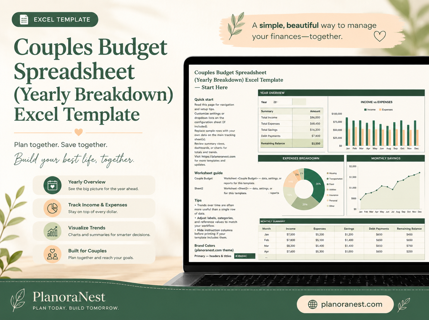 couples budget spreadsheet (yearly breakdown) excel template cover screenshot — PlanoraNest Excel template