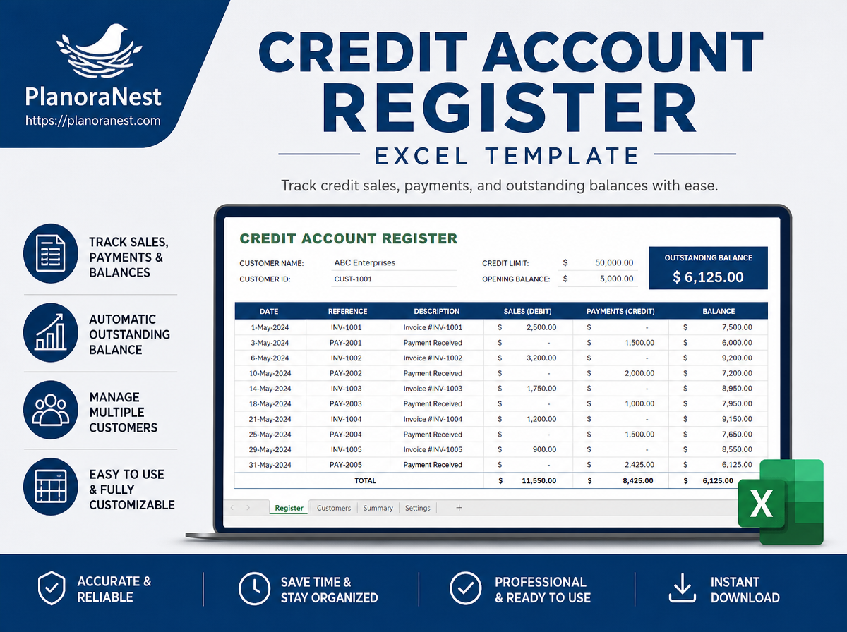 credit account register excel template cover screenshot — PlanoraNest Excel template