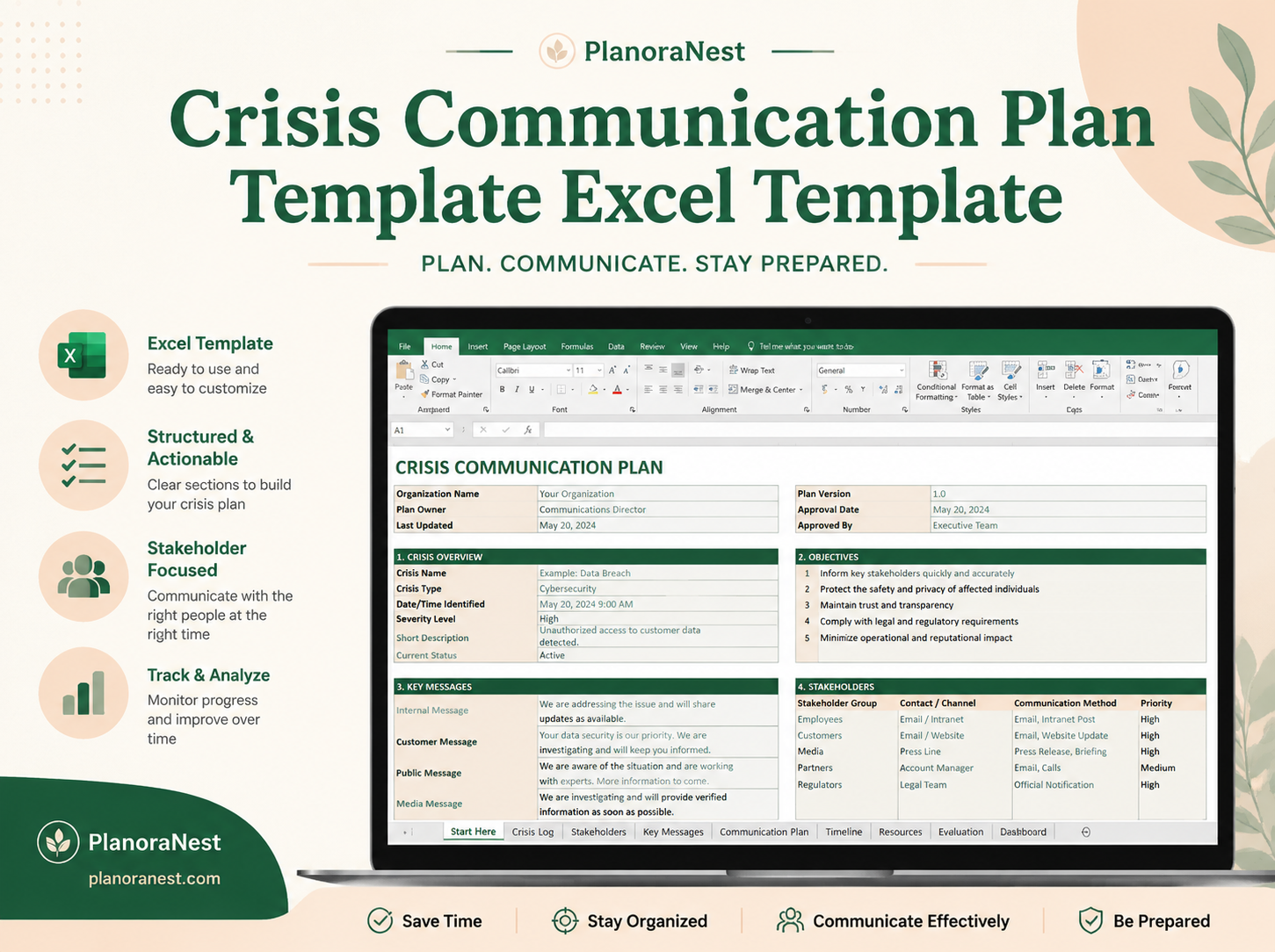 crisis communication plan template excel template cover screenshot — PlanoraNest Excel template