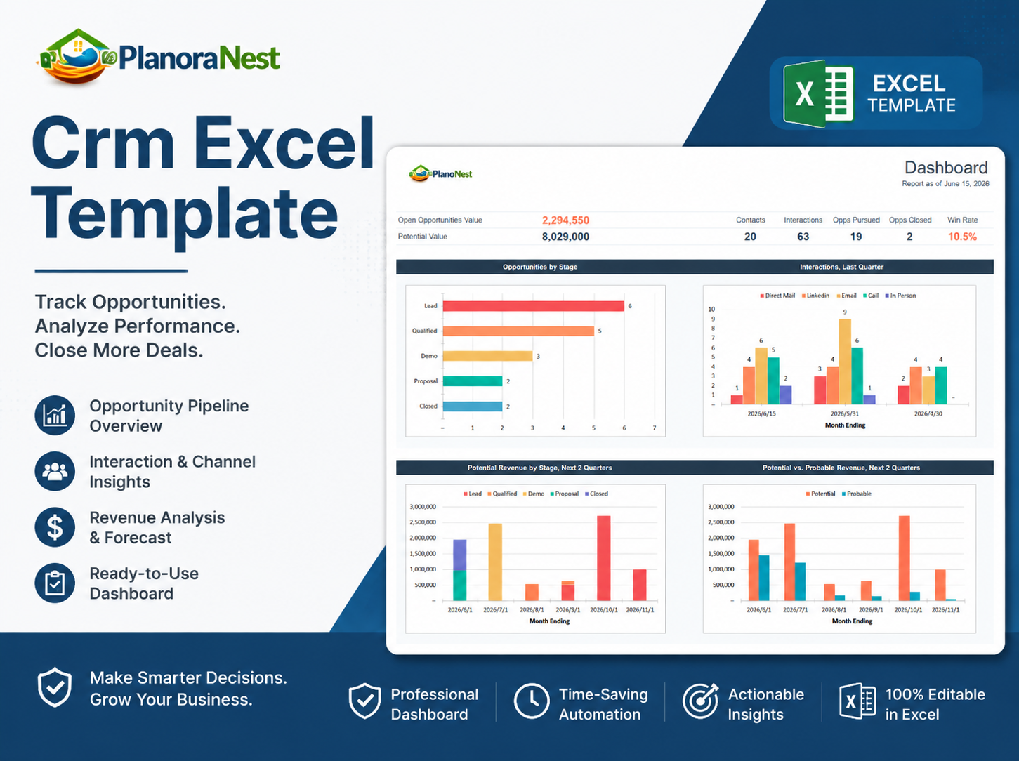 crm excel template cover screenshot — PlanoraNest Excel template