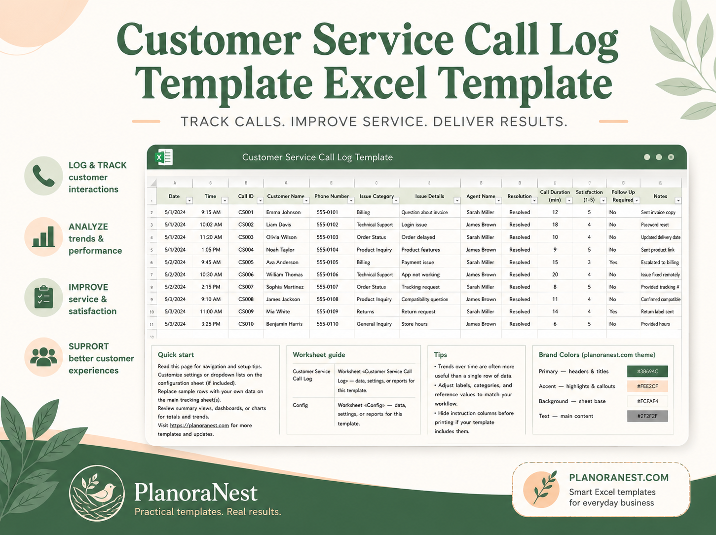 customer service call log template excel template cover screenshot — PlanoraNest Excel template