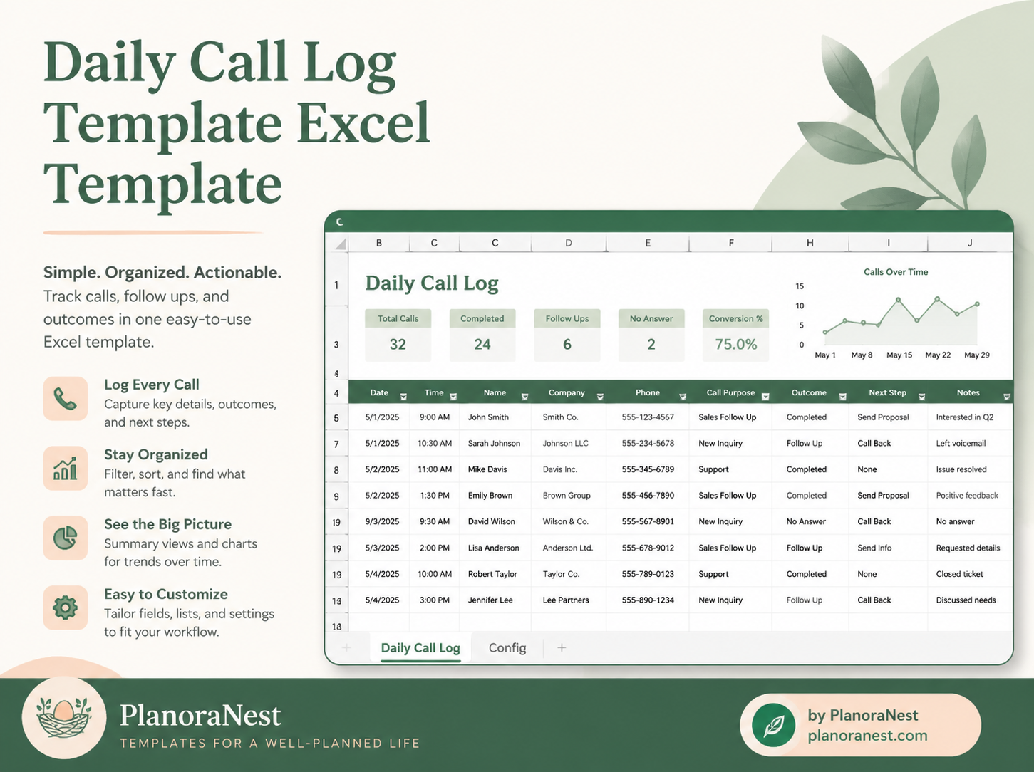 daily call log template excel template cover screenshot — PlanoraNest Excel template