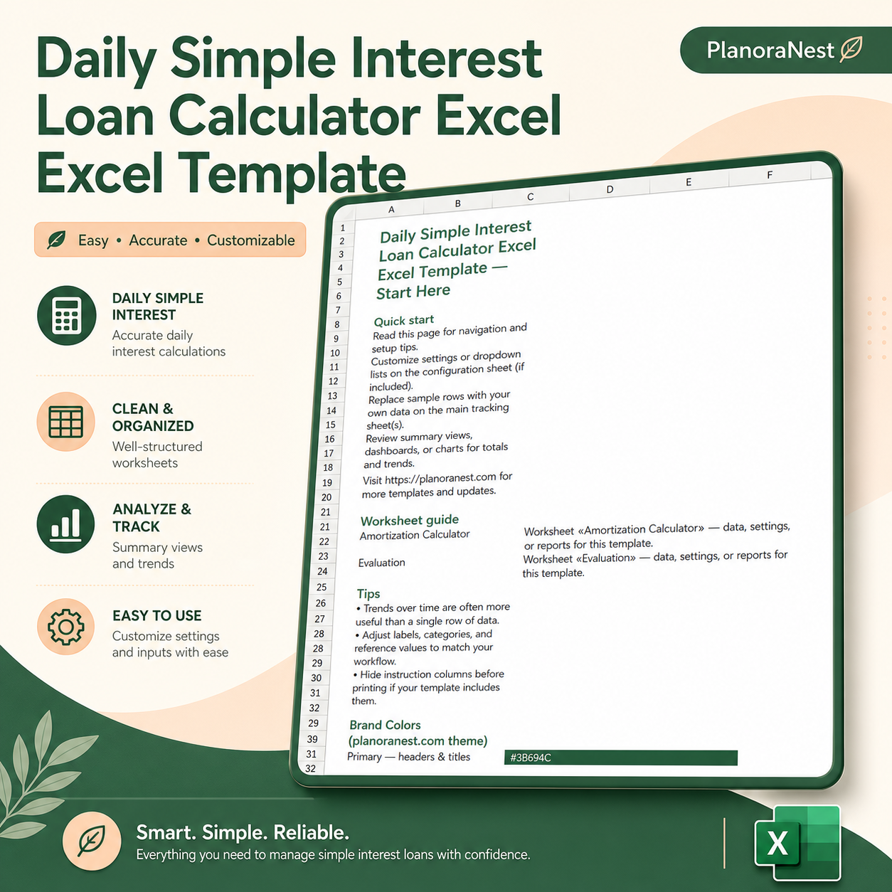 daily simple interest loan calculator excel excel template cover screenshot — PlanoraNest Excel template