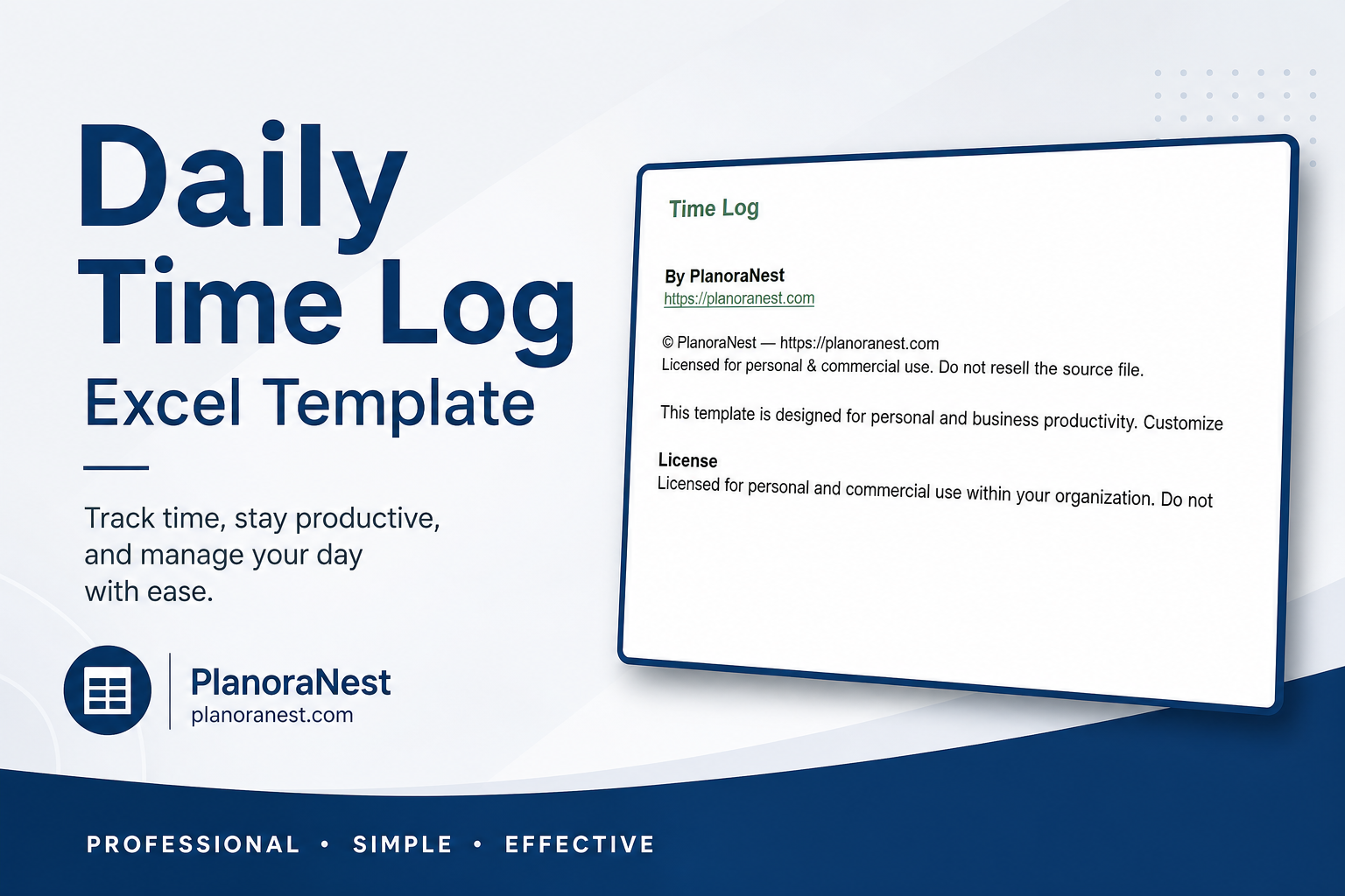 daily time log excel template cover screenshot — PlanoraNest Excel template