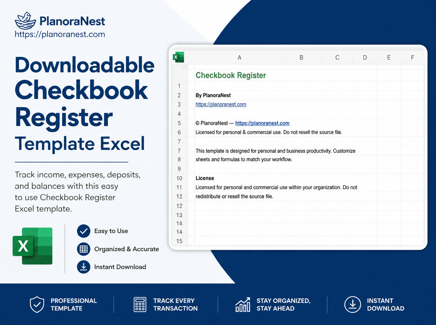 downloadable checkbook register template excel cover screenshot — PlanoraNest Excel template