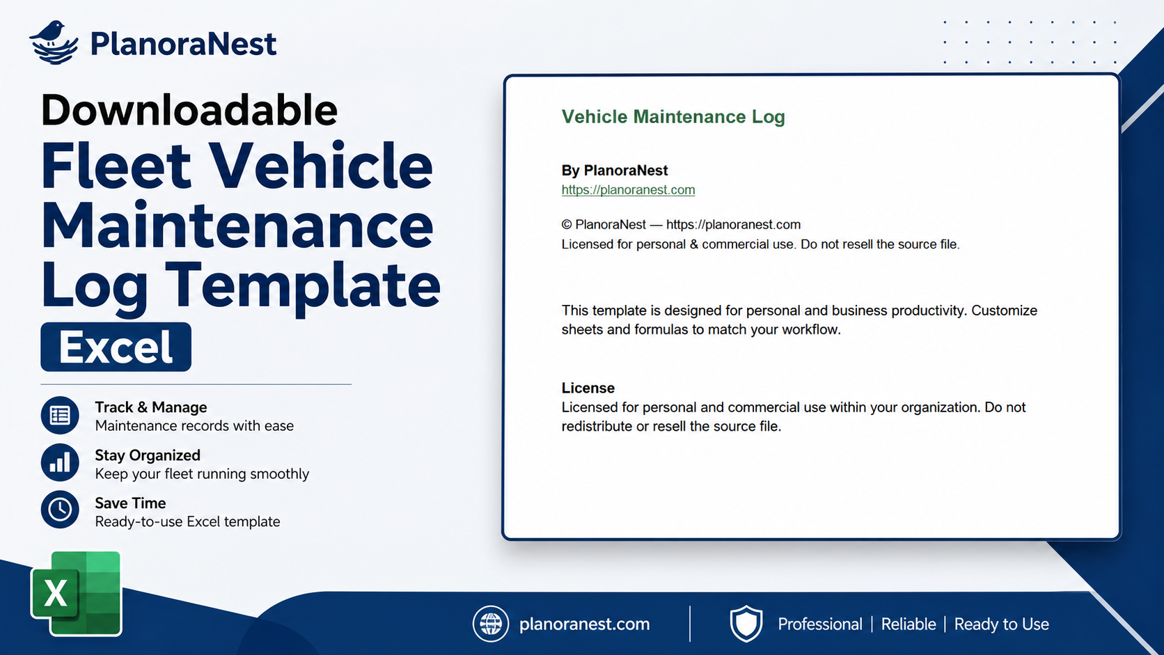 downloadable fleet vehicle maintenance log template excel cover screenshot — PlanoraNest Excel template