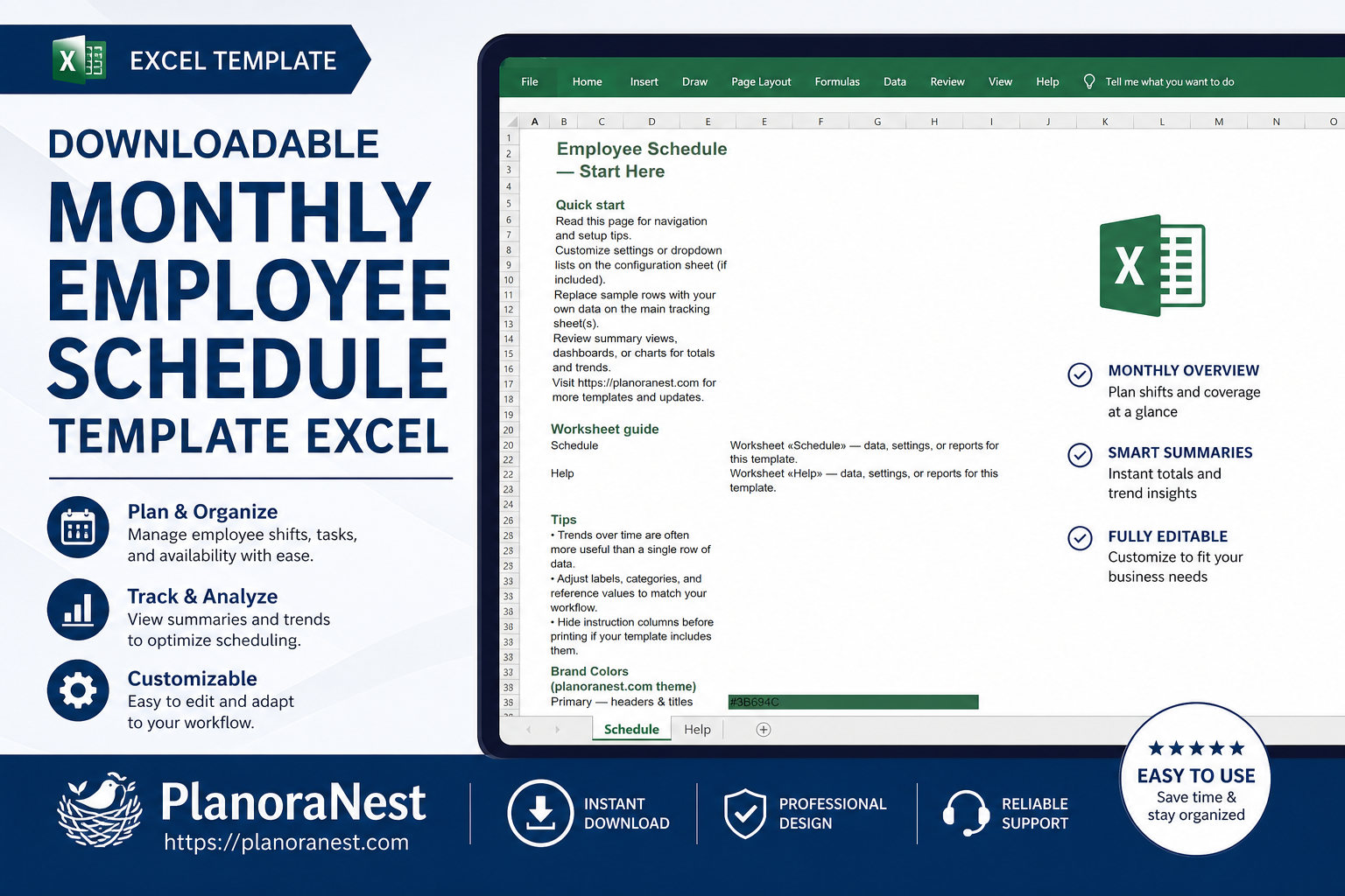downloadable monthly employee schedule template excel cover screenshot — PlanoraNest Excel template
