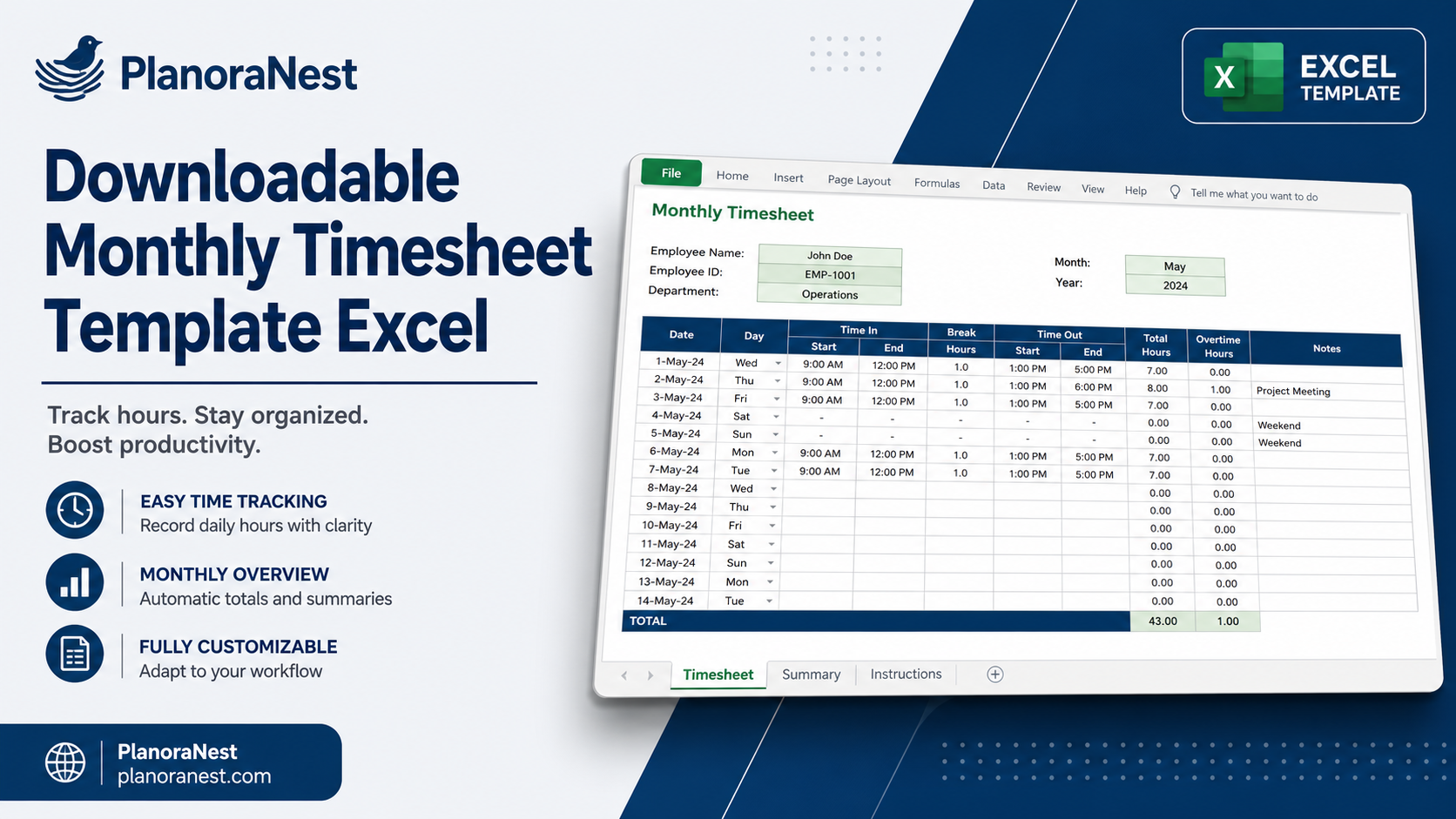 downloadable monthly timesheet template excel cover screenshot — PlanoraNest Excel template