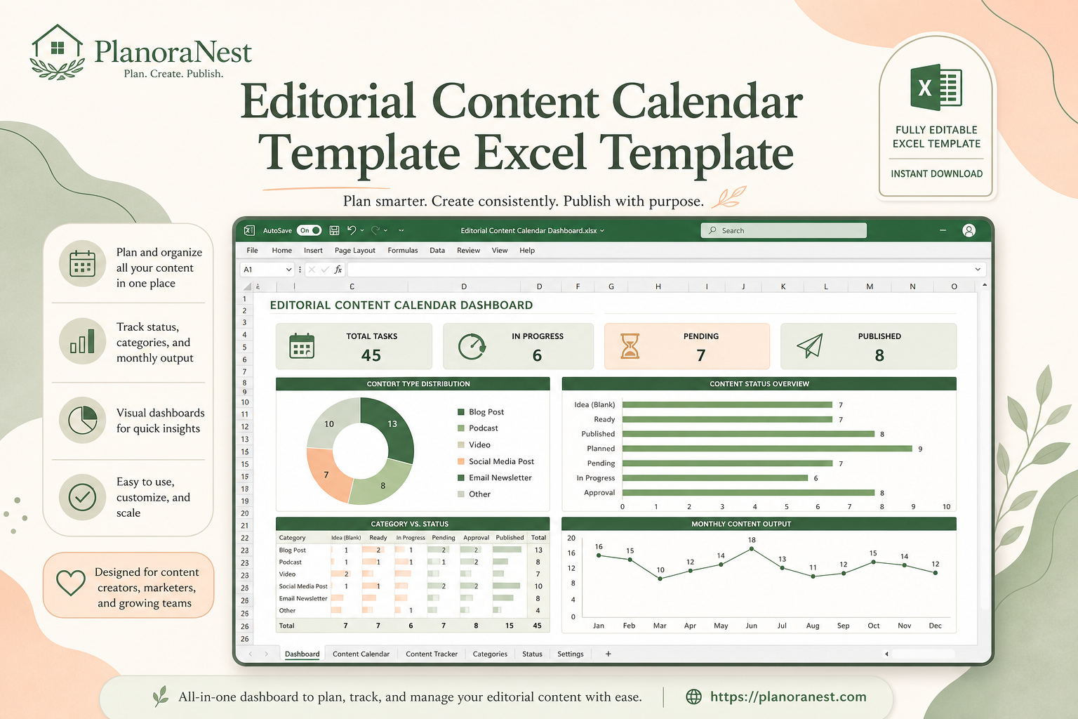 editorial content calendar template excel template cover screenshot — PlanoraNest Excel template