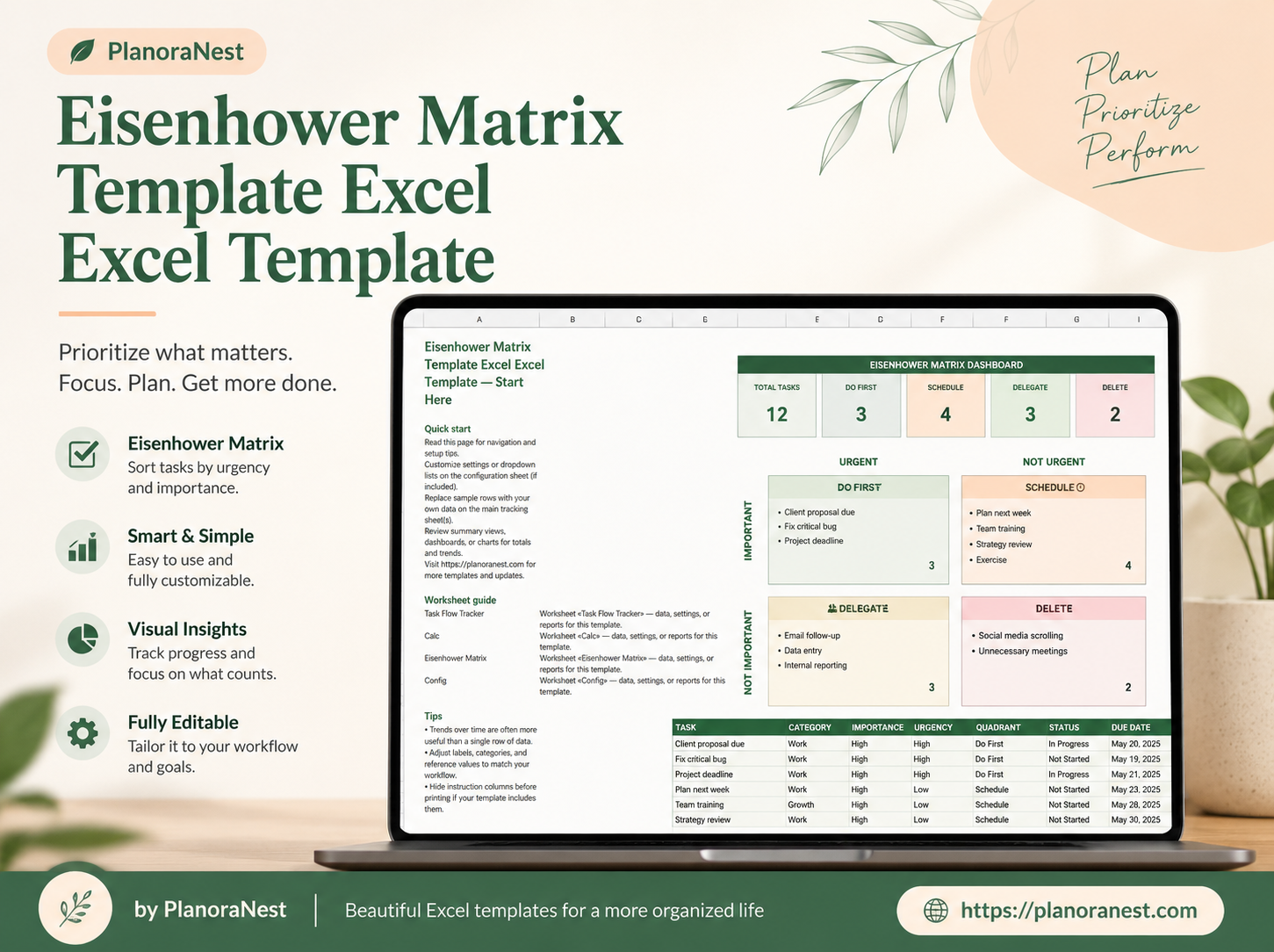 eisenhower matrix template excel excel template cover screenshot — PlanoraNest Excel template