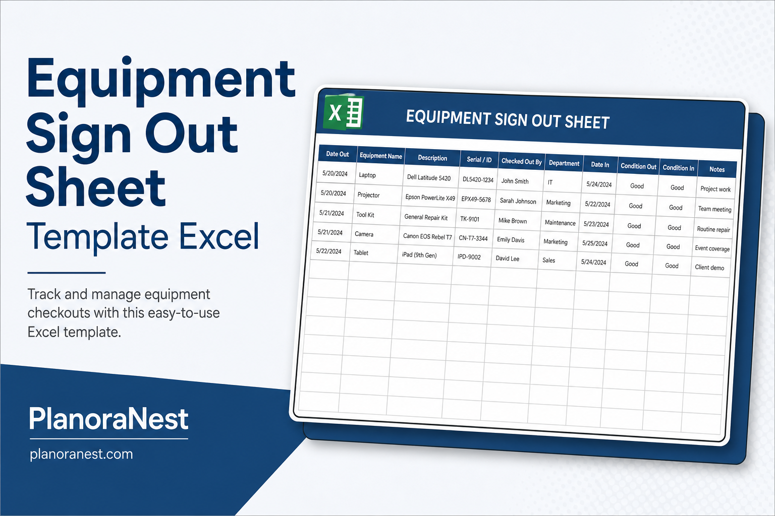 equipment sign out sheet template excel cover screenshot — PlanoraNest Excel template