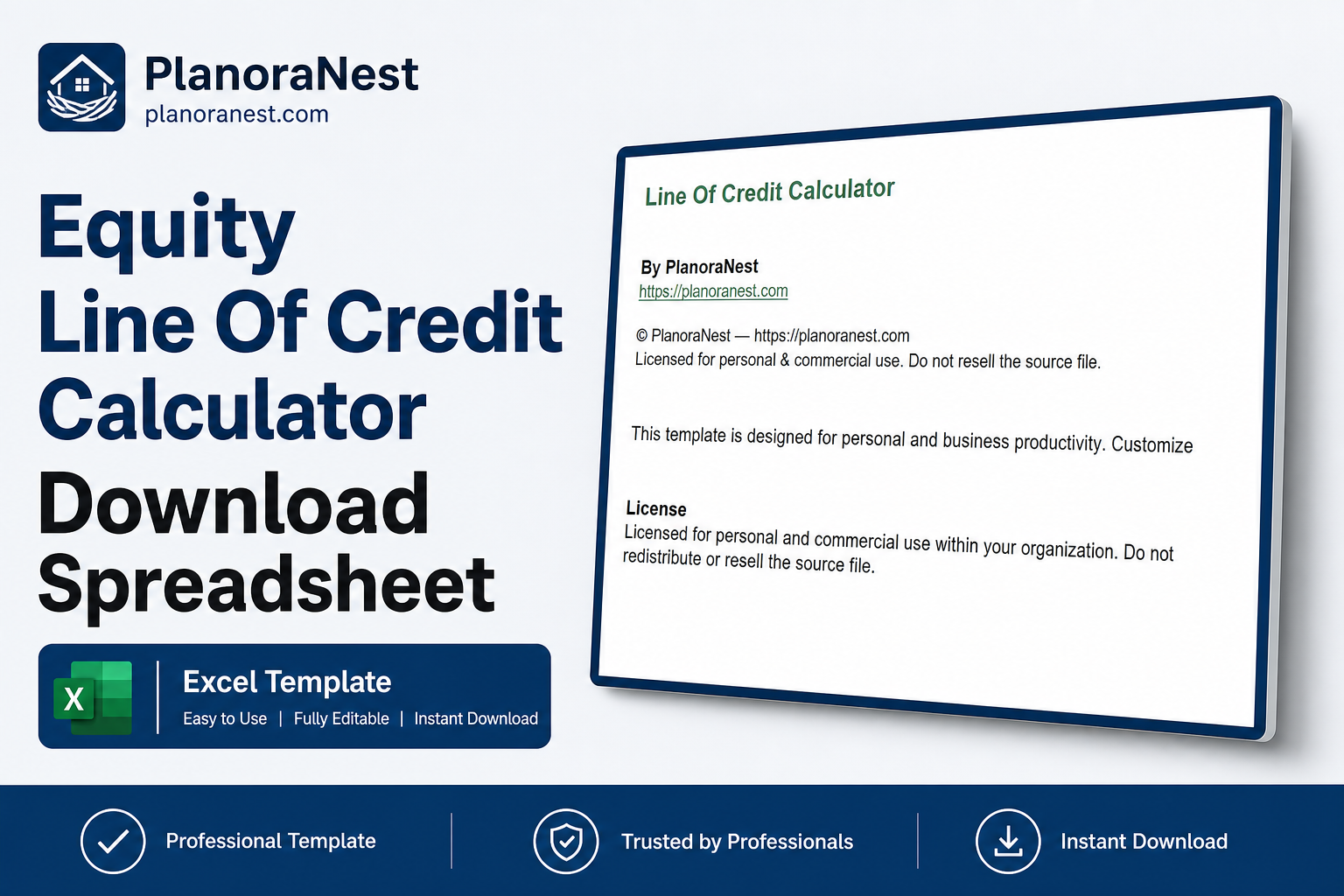 equity line of credit calculator download spreadsheet cover screenshot — PlanoraNest Excel template