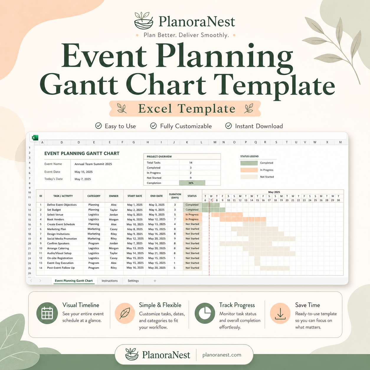 event planning gantt chart template excel template cover screenshot — PlanoraNest Excel template