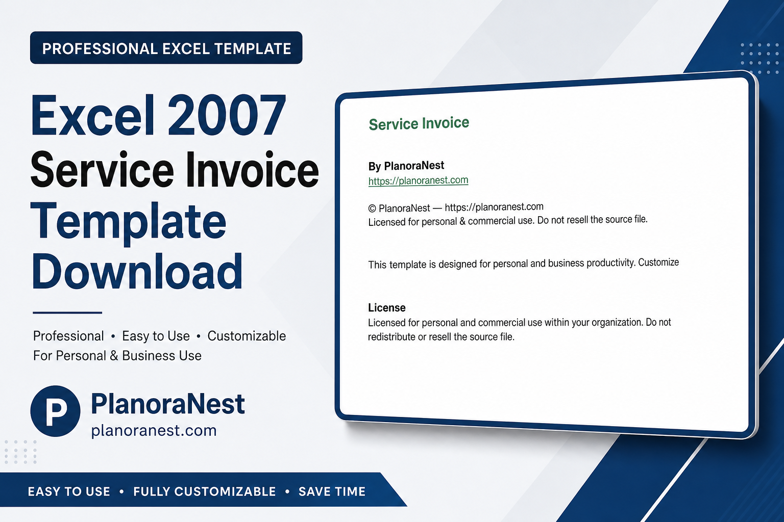 excel 2007 service invoice template download cover screenshot — PlanoraNest Excel template
