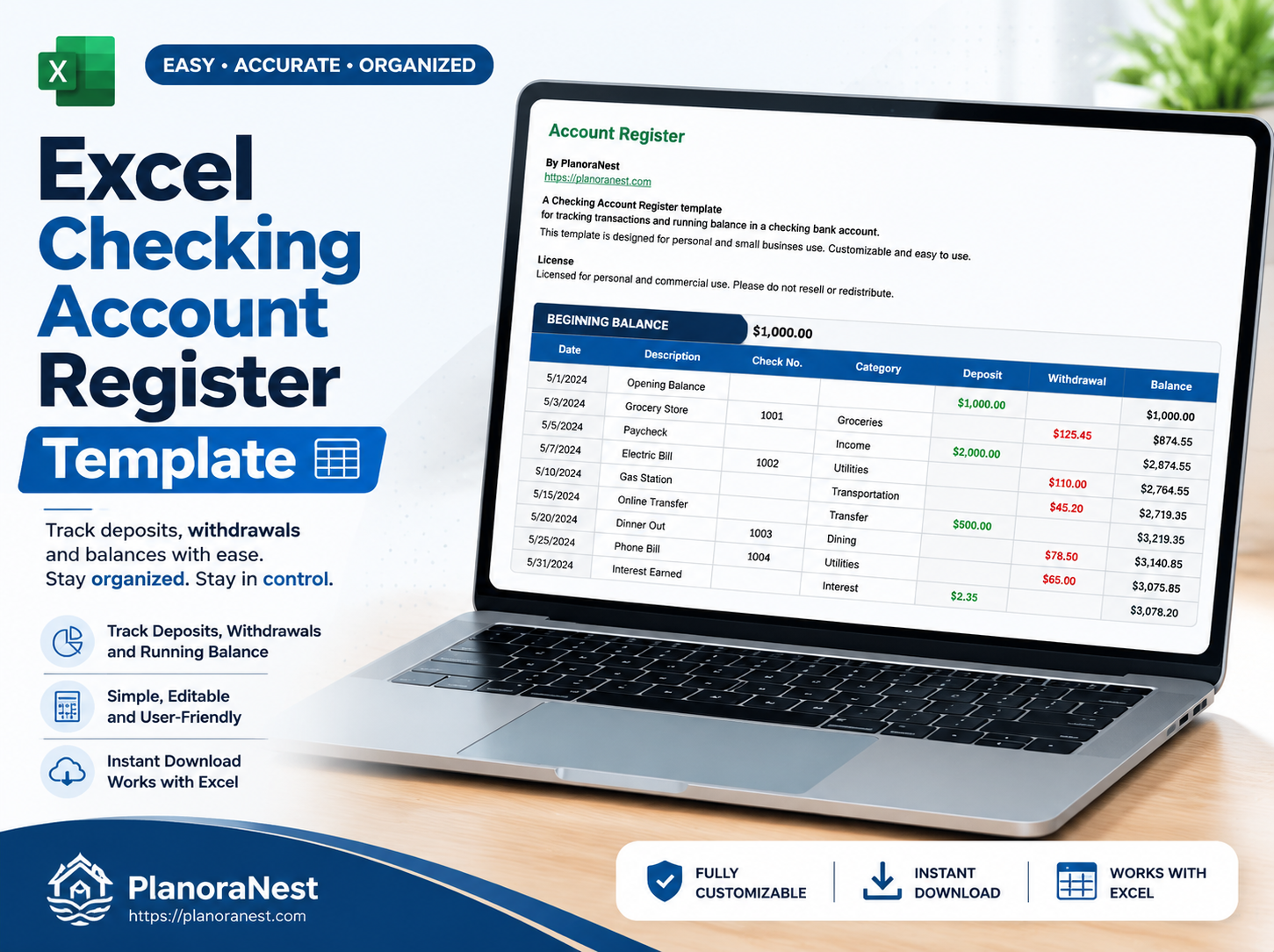 excel checking account register template cover screenshot — PlanoraNest Excel template