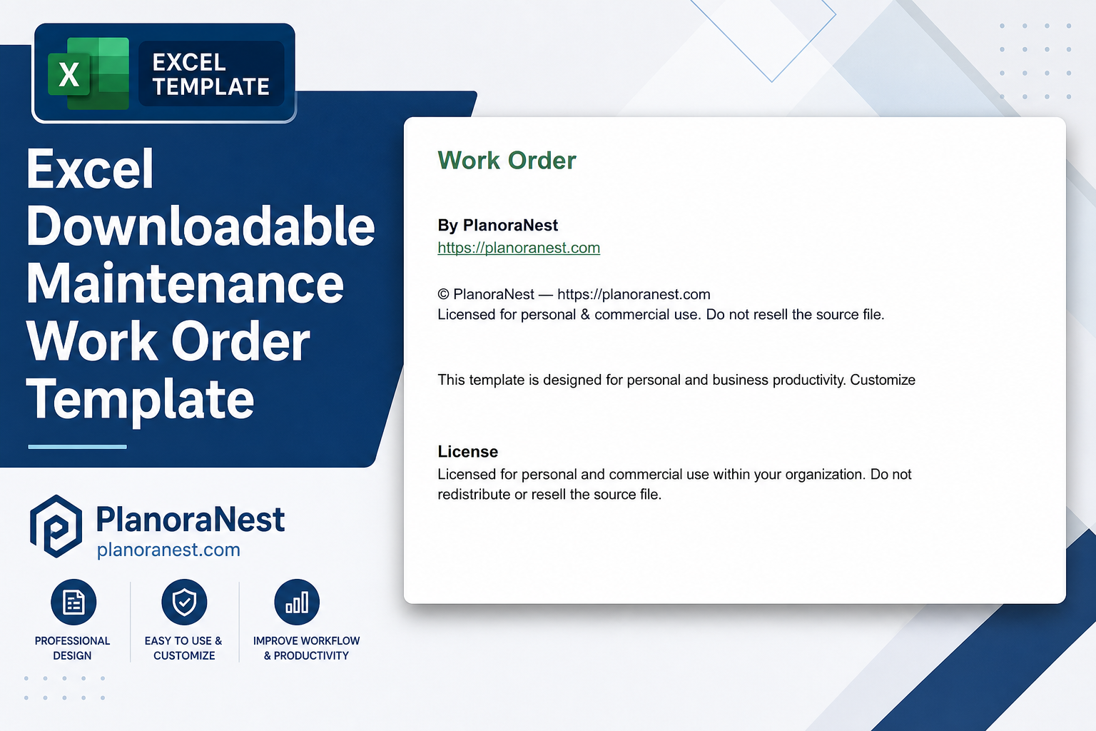 excel downloadable maintenance work order template cover screenshot — PlanoraNest Excel template