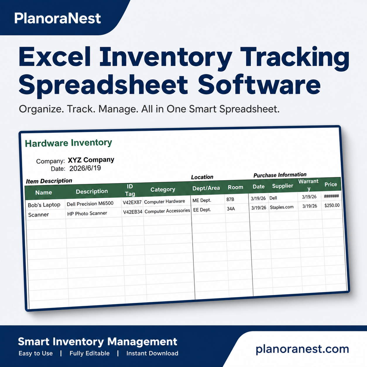 excel inventory tracking spreadsheet software cover screenshot — PlanoraNest Excel template