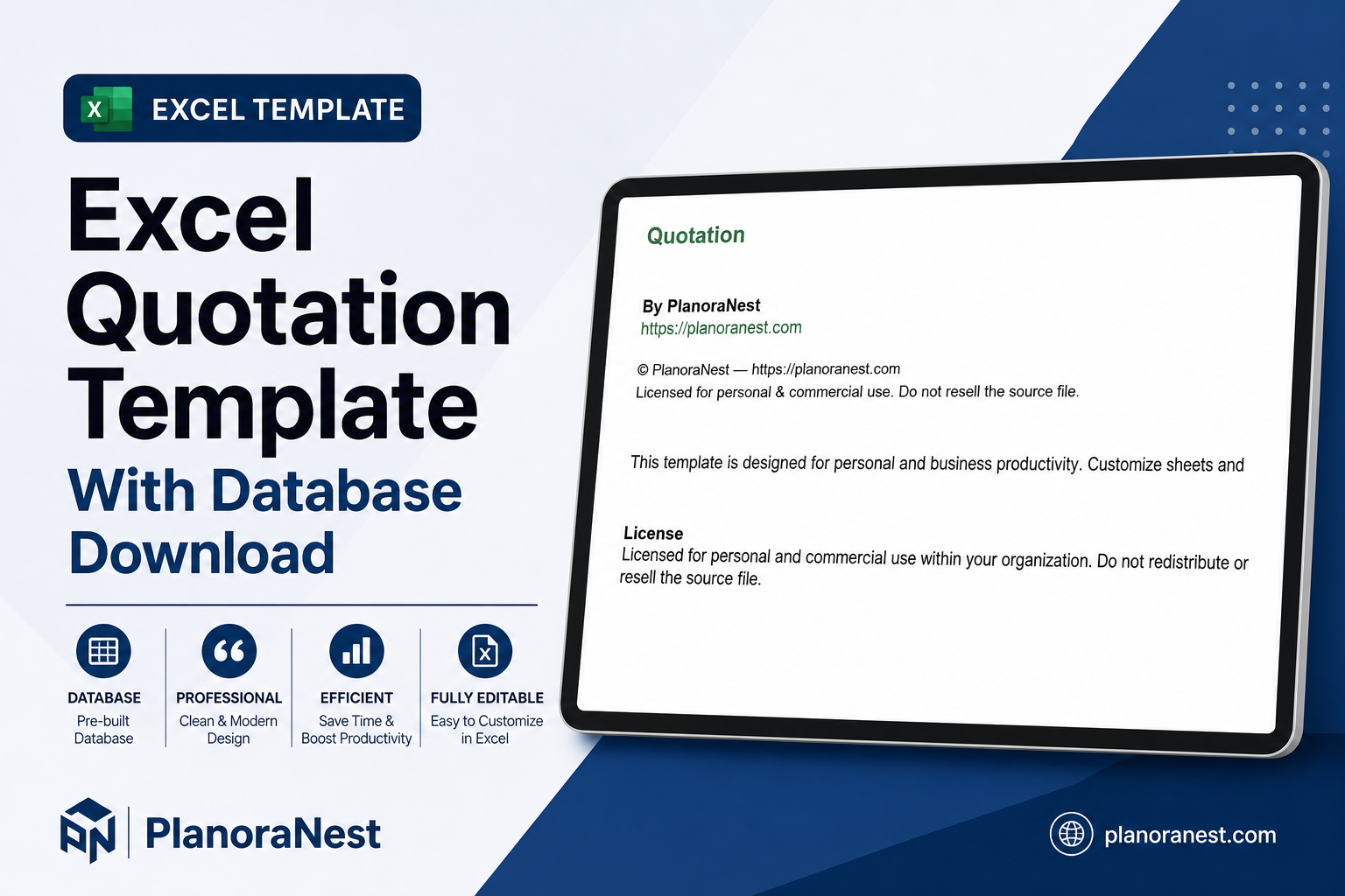 excel quotation template with database download cover screenshot — PlanoraNest Excel template
