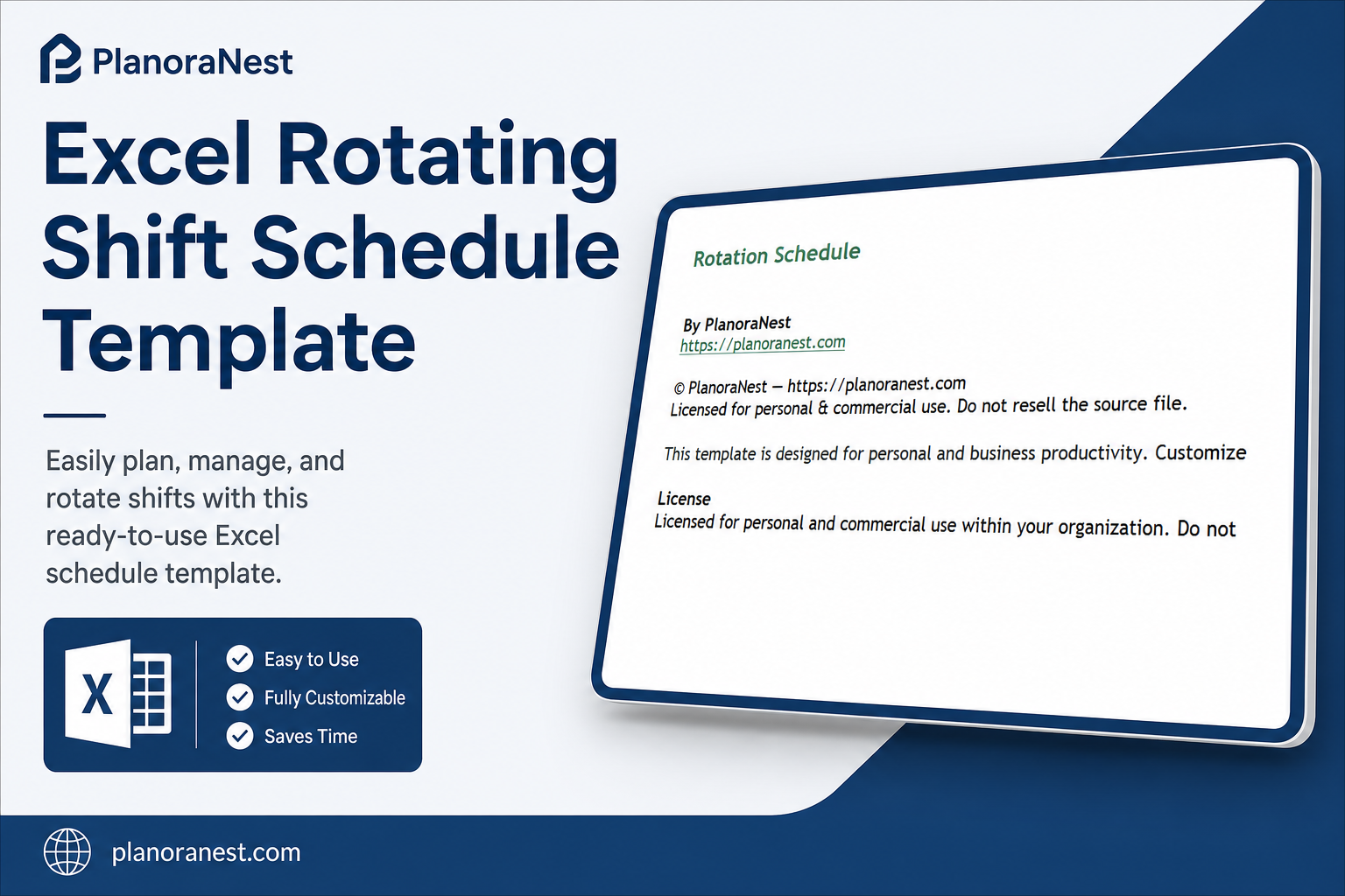 excel rotating shift schedule template cover screenshot — PlanoraNest Excel template