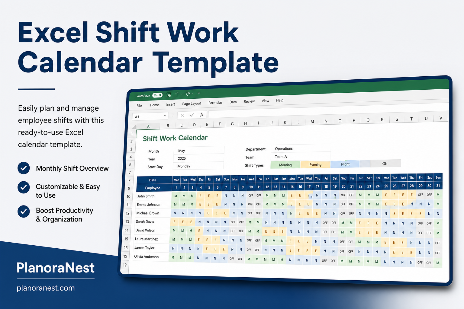 excel shift work calendar template cover screenshot — PlanoraNest Excel template