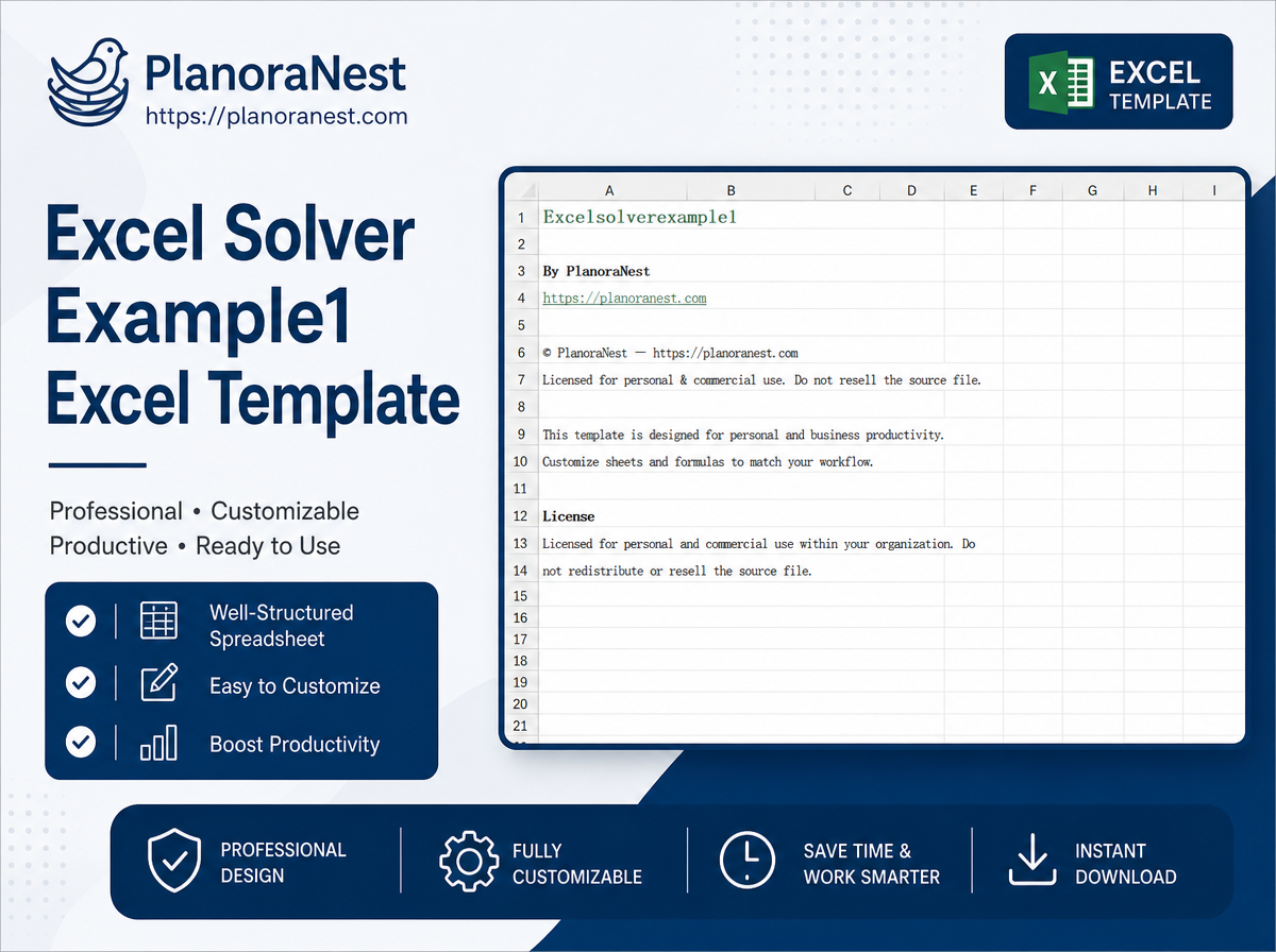 excel solver example1 excel template cover screenshot — PlanoraNest Excel template