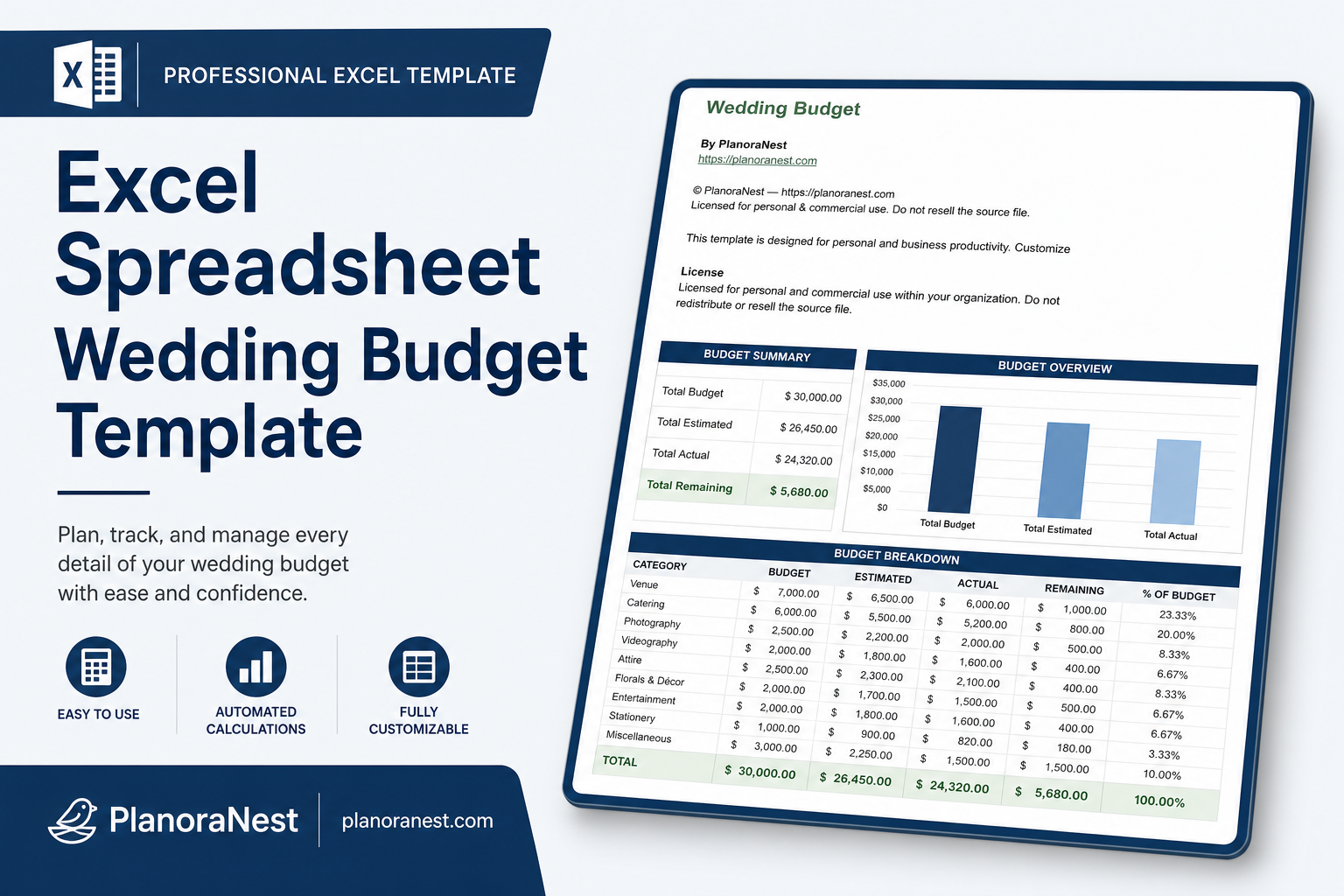 excel spreadsheet wedding budget template cover screenshot — PlanoraNest Excel template