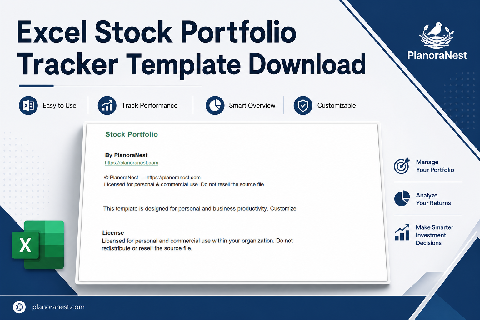 excel stock portfolio tracker template download cover screenshot — PlanoraNest Excel template