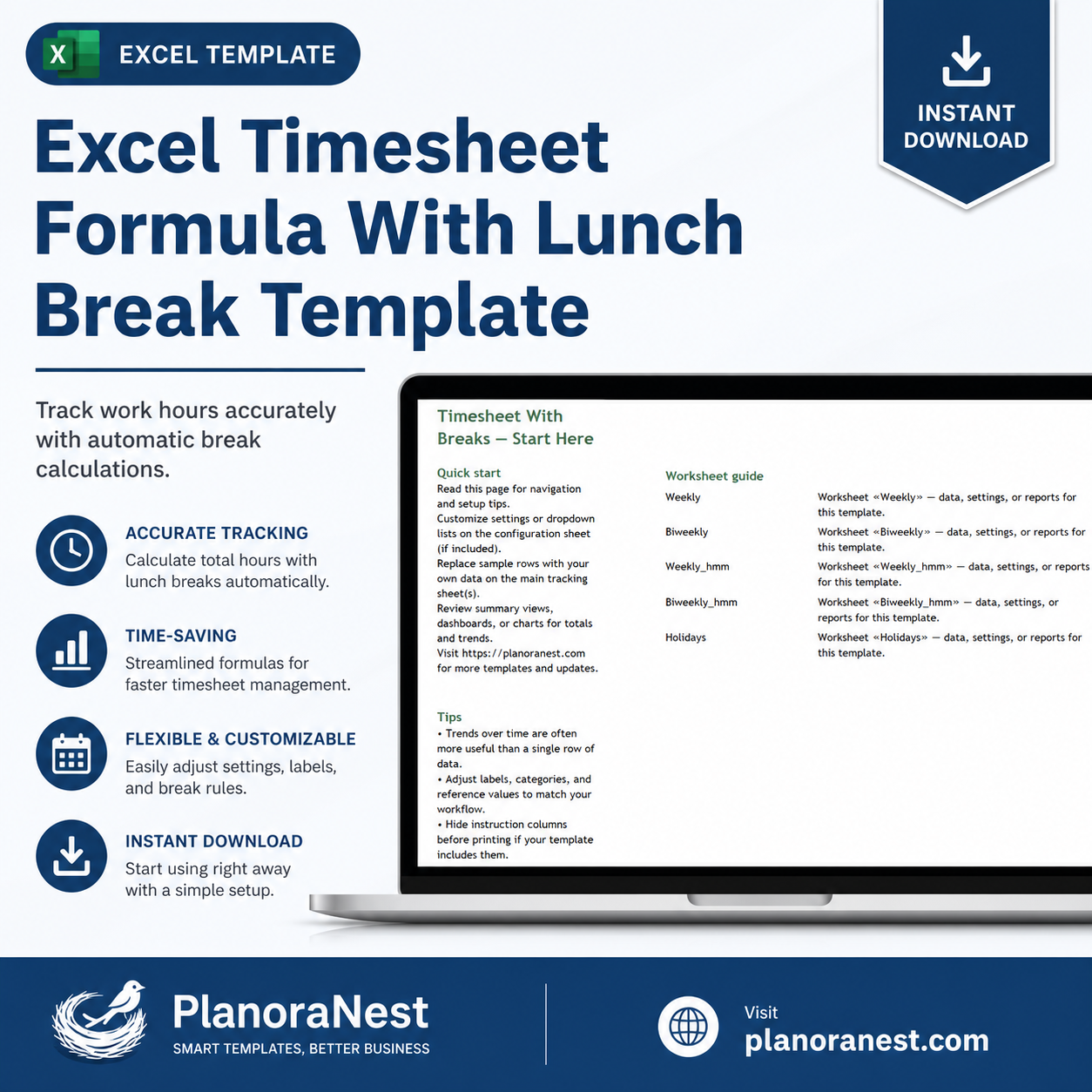 excel timesheet formula with lunch break template cover screenshot — PlanoraNest Excel template