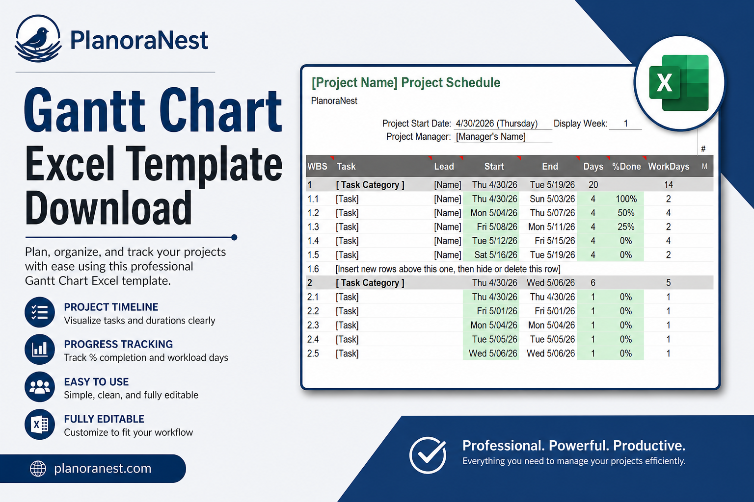 gantt chart excel template download cover screenshot — PlanoraNest Excel template