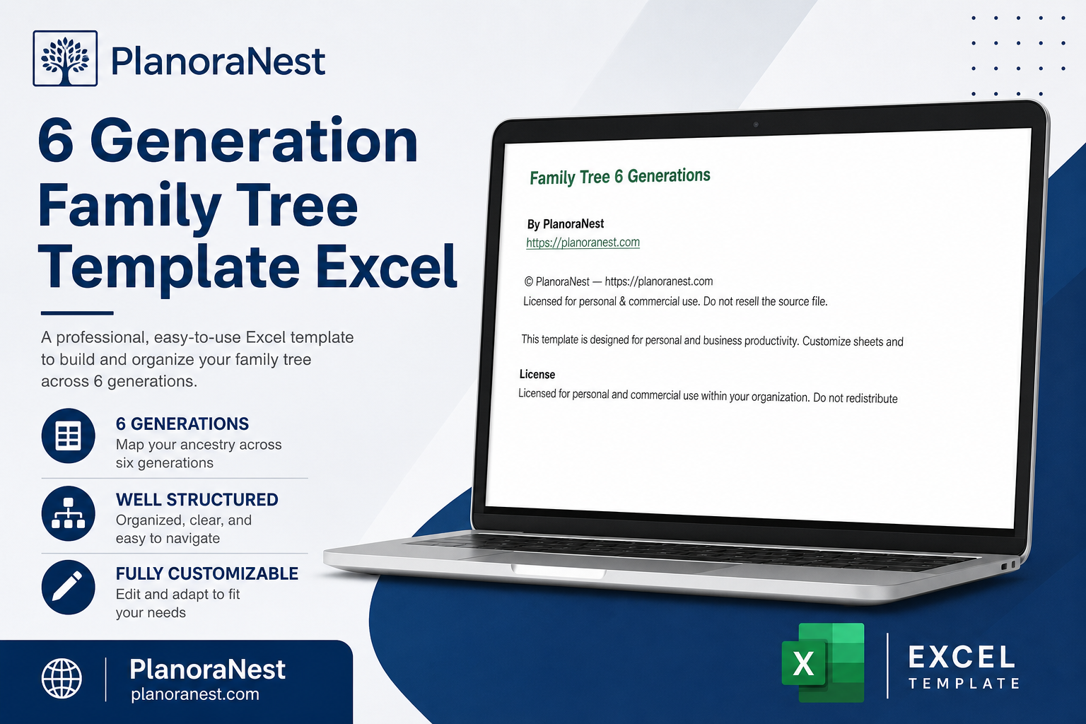 6 generation family tree template excel cover screenshot -- PlanoraNest Excel template
