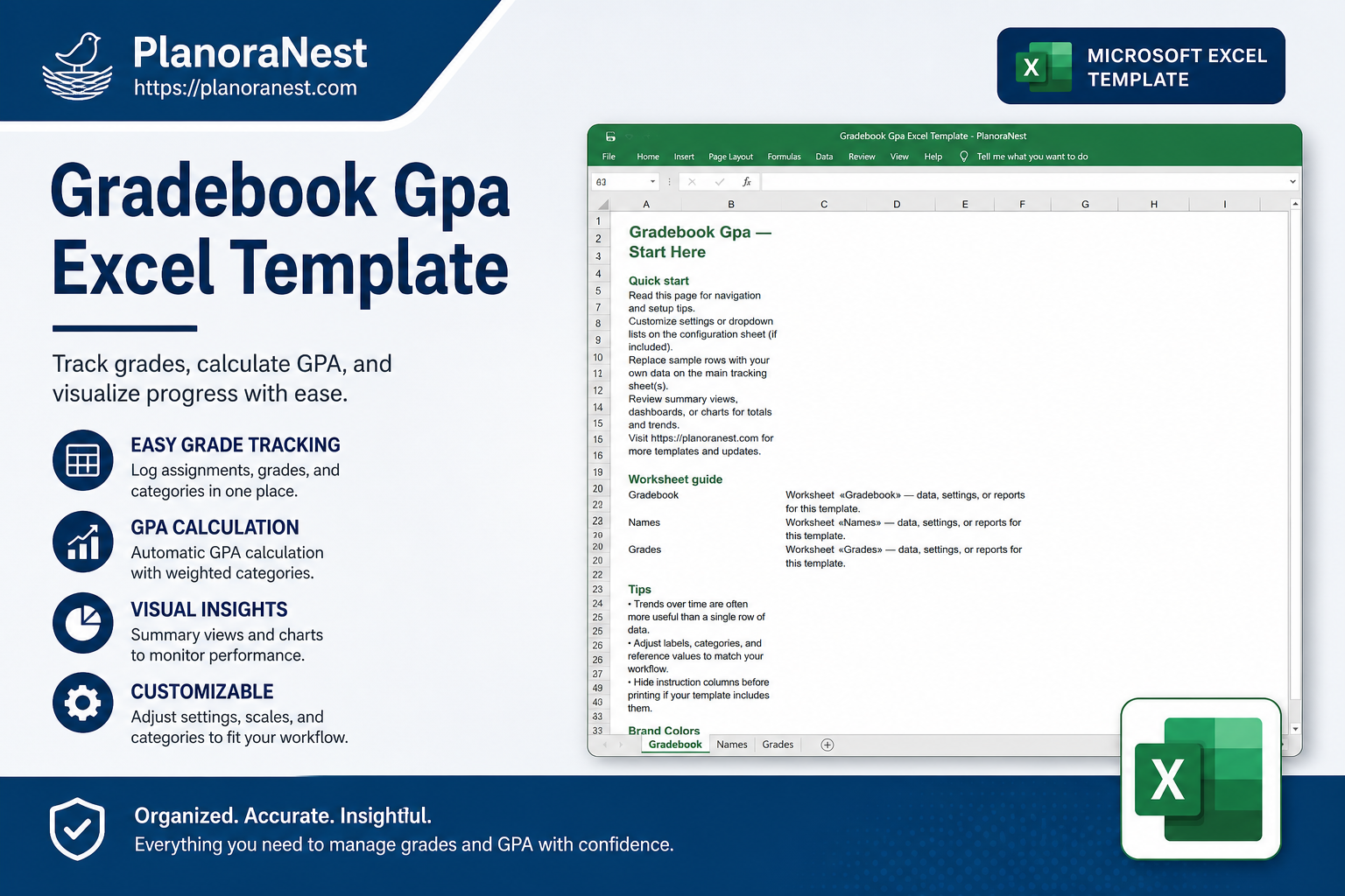 gradebook gpa excel template cover screenshot — PlanoraNest Excel template