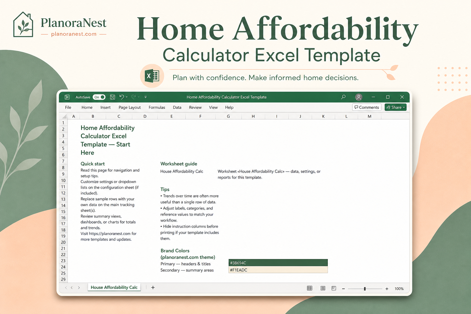 home affordability calculator excel cover screenshot — PlanoraNest Excel template