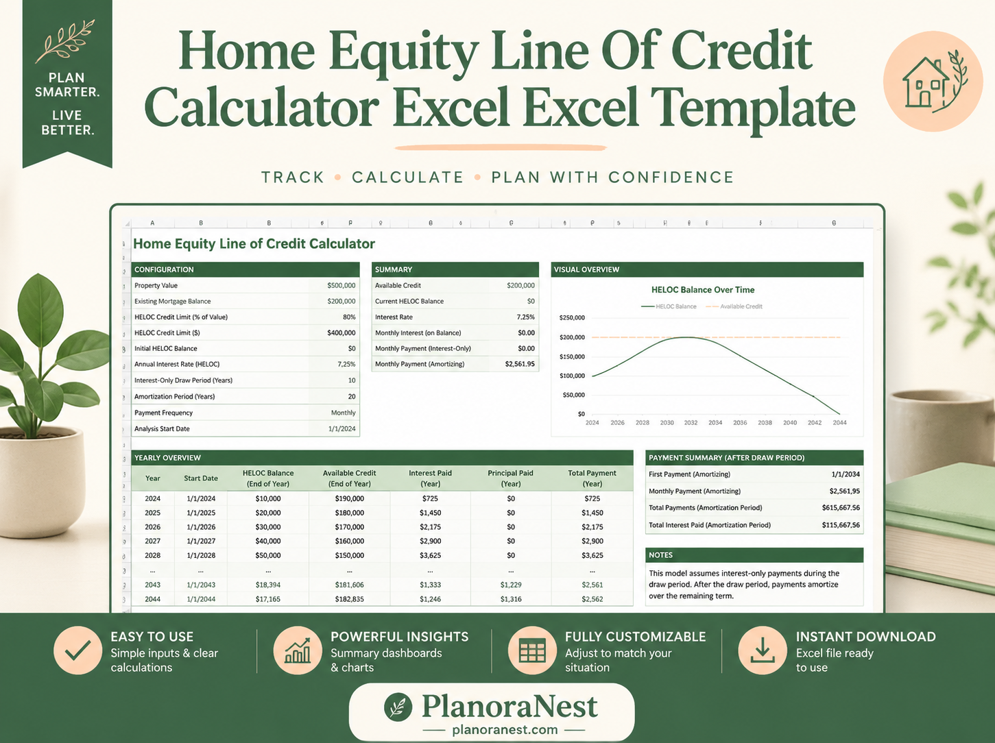 home equity line of credit calculator excel excel template cover screenshot — PlanoraNest Excel template