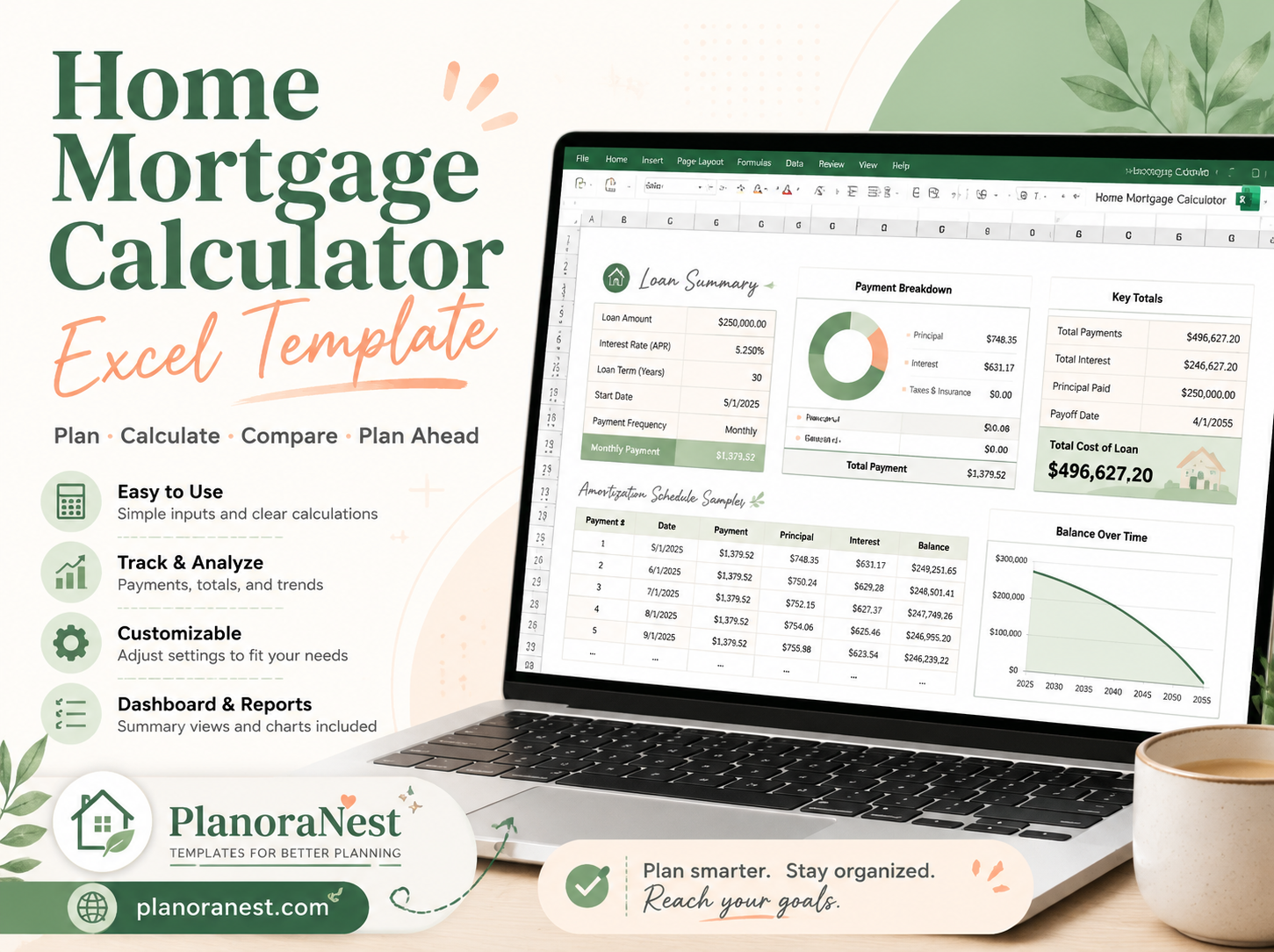 home mortgage calculator excel template cover screenshot — PlanoraNest Excel template