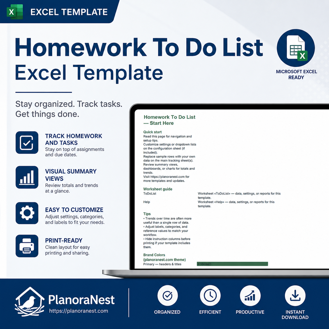 homework to do list excel template cover screenshot — PlanoraNest Excel template