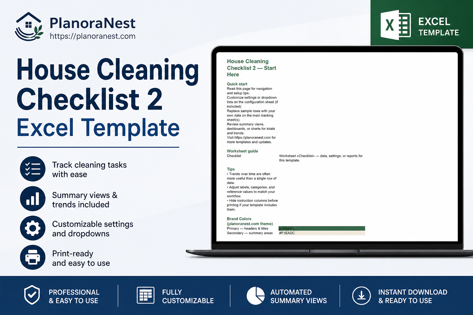 house cleaning checklist 2 excel template cover screenshot — PlanoraNest Excel template
