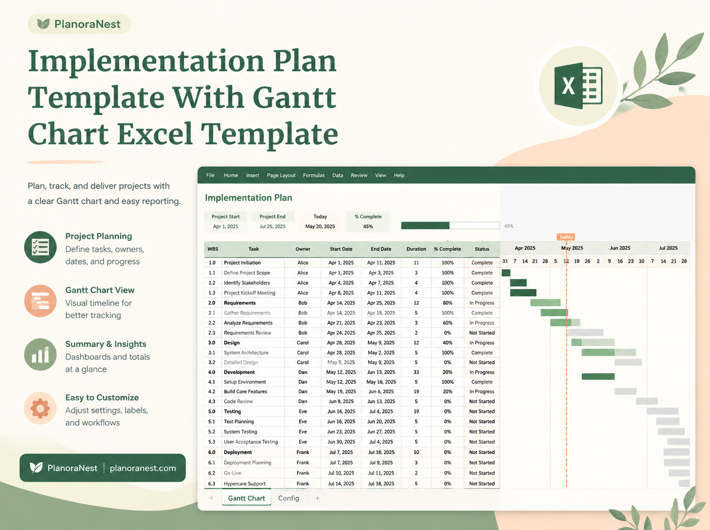 implementation plan template with gantt chart excel template cover screenshot — PlanoraNest Excel template