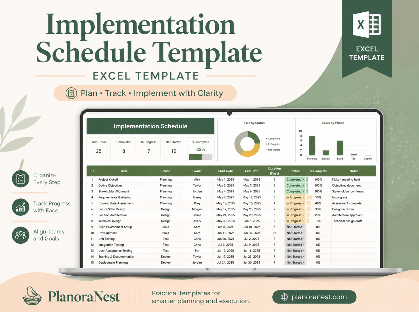 implementation schedule template excel template cover screenshot — PlanoraNest Excel template