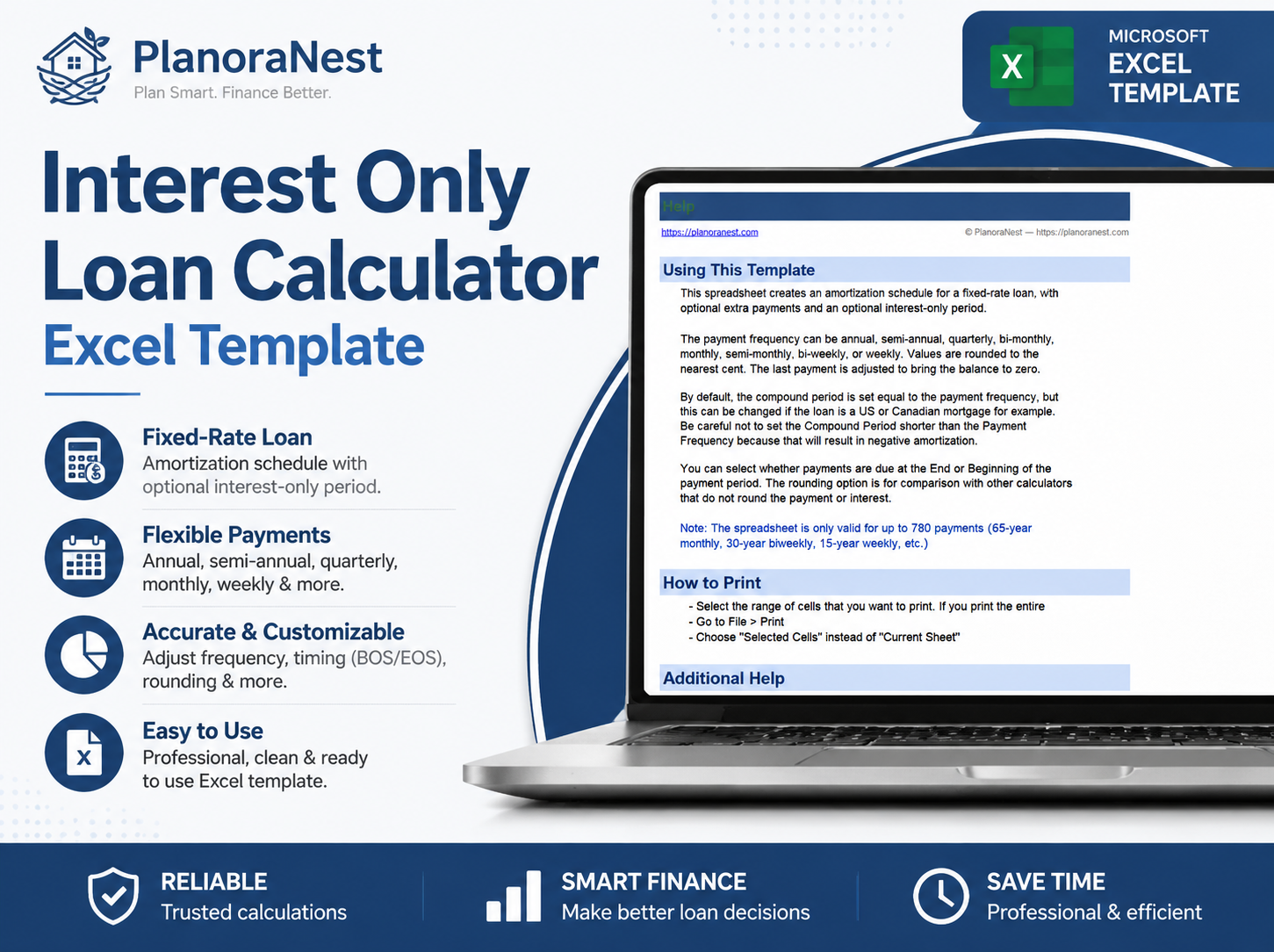 interest only loan calculator excel template cover screenshot — PlanoraNest Excel template