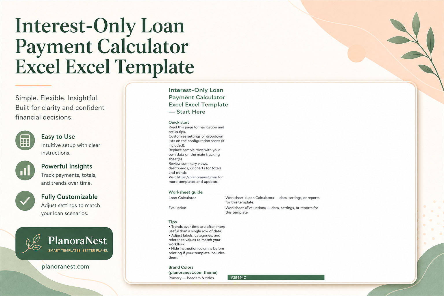 interest-only loan payment calculator excel excel template cover screenshot — PlanoraNest Excel template