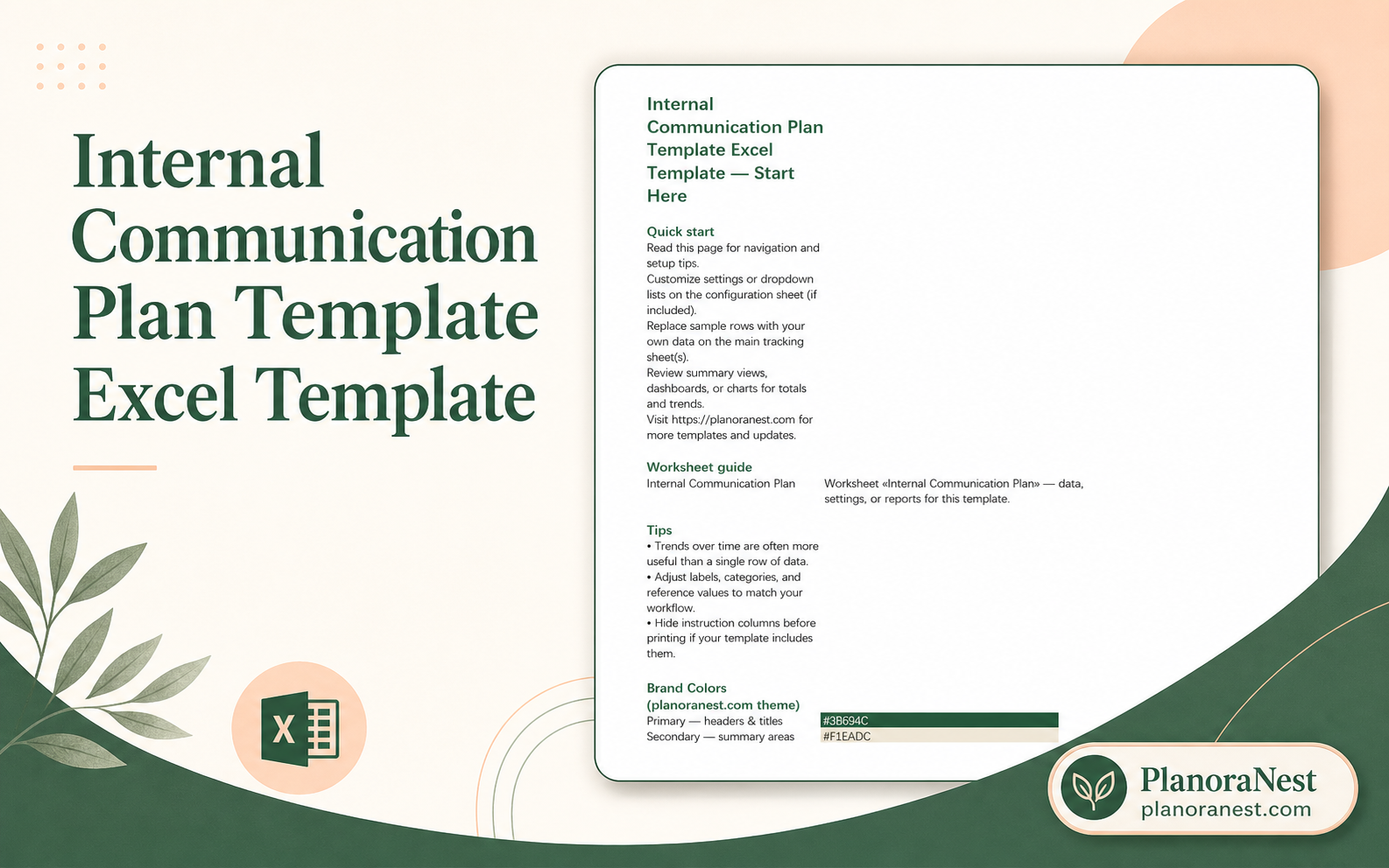 internal communication plan template excel template cover screenshot — PlanoraNest Excel template