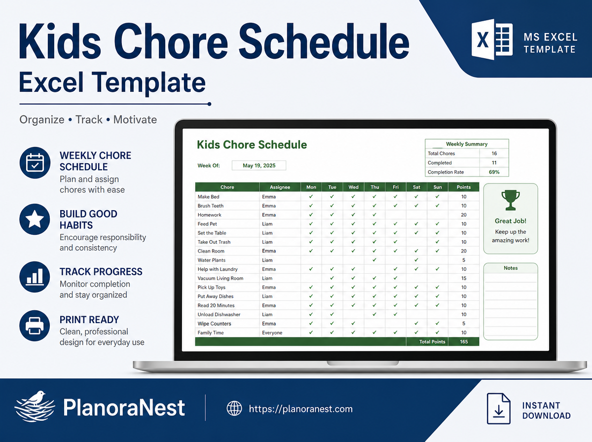 kids chore schedule excel template cover screenshot — PlanoraNest Excel template