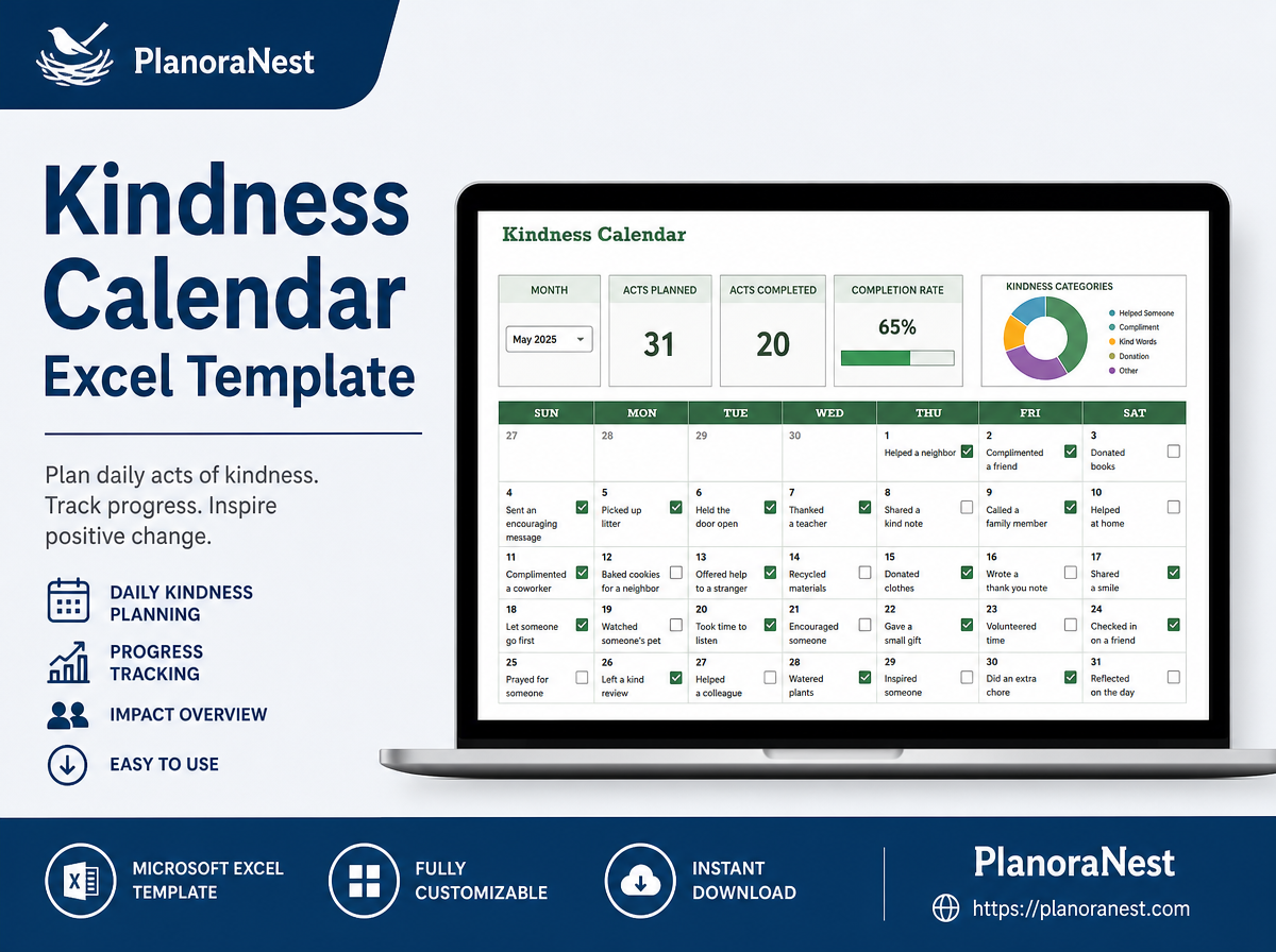 kindness calendar excel template cover screenshot — PlanoraNest Excel template
