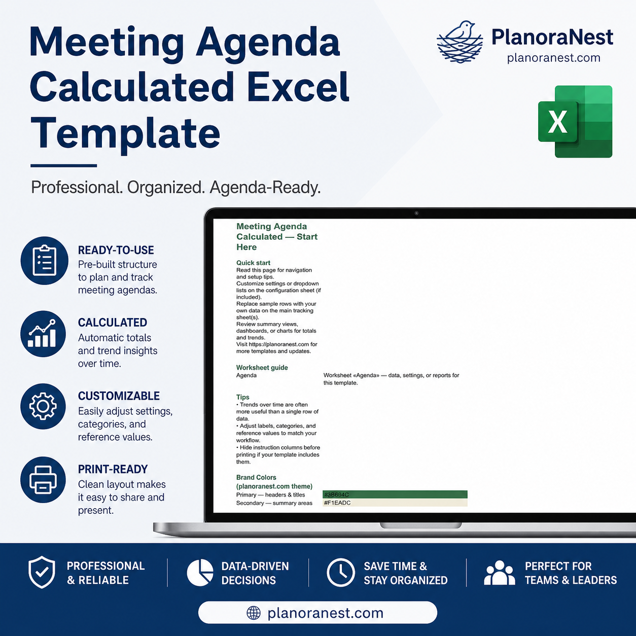 meeting agenda calculated excel template cover screenshot — PlanoraNest Excel template