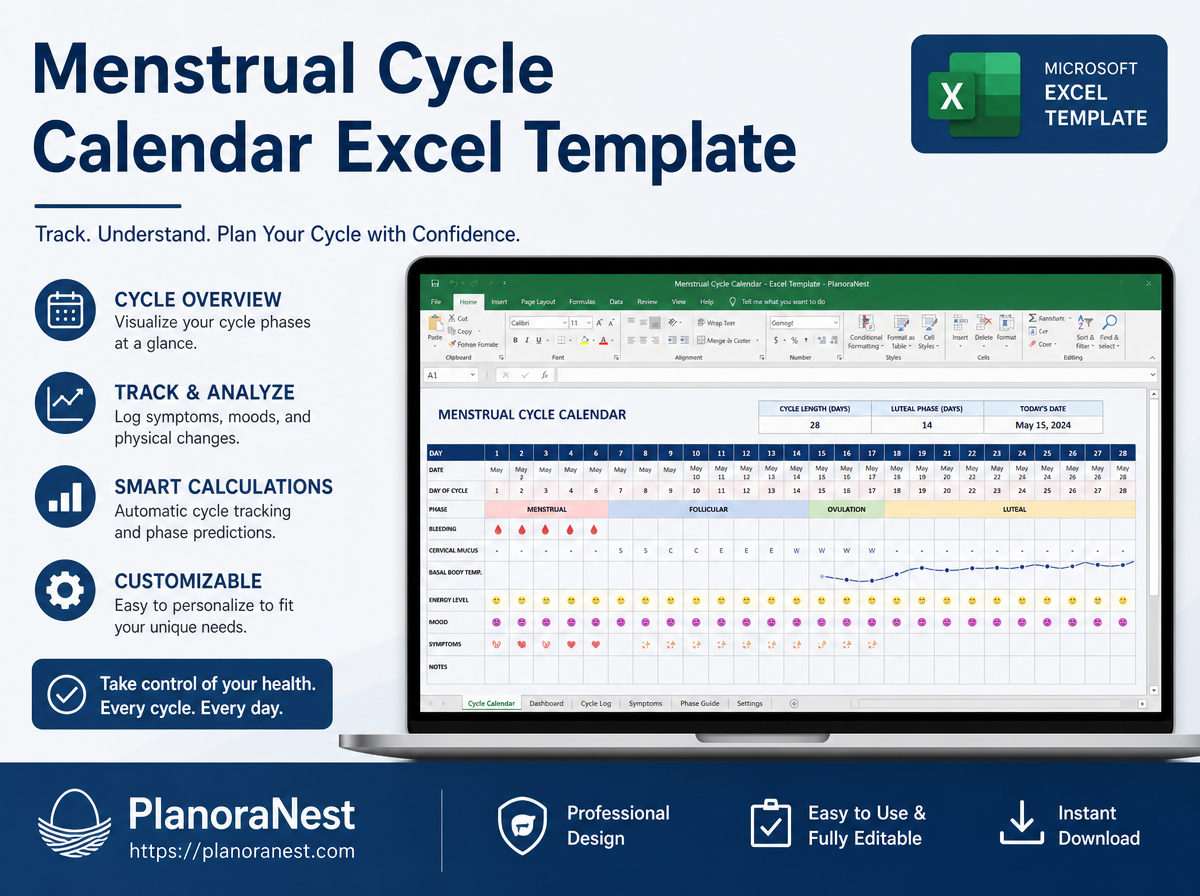 menstrual cycle calendar excel template cover screenshot — PlanoraNest Excel template
