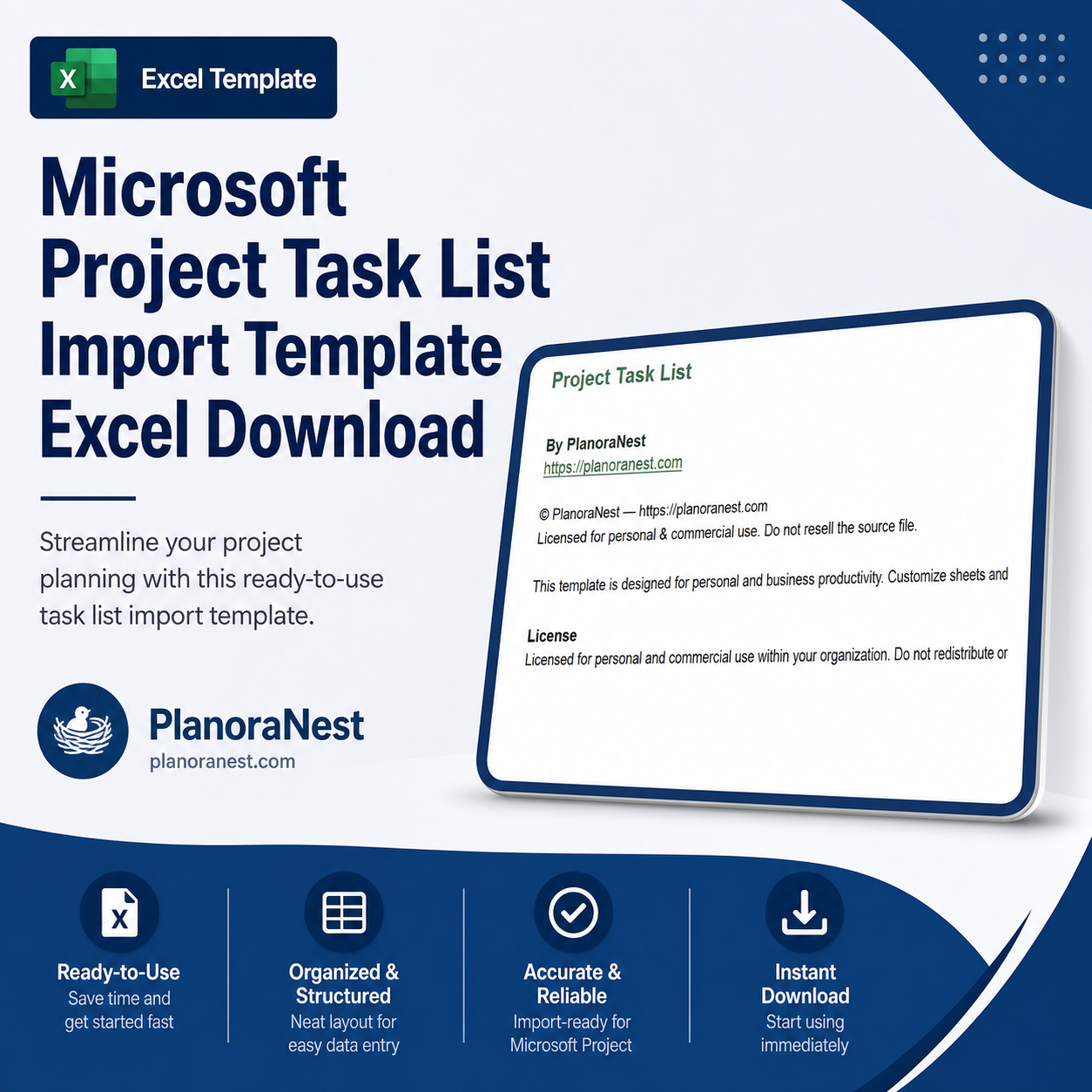microsoft project task list import template excel download cover screenshot — PlanoraNest Excel template