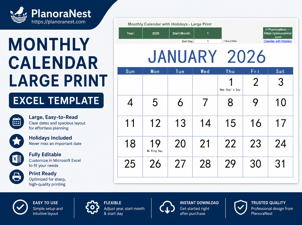 monthly calendar large print excel template cover screenshot — PlanoraNest Excel template