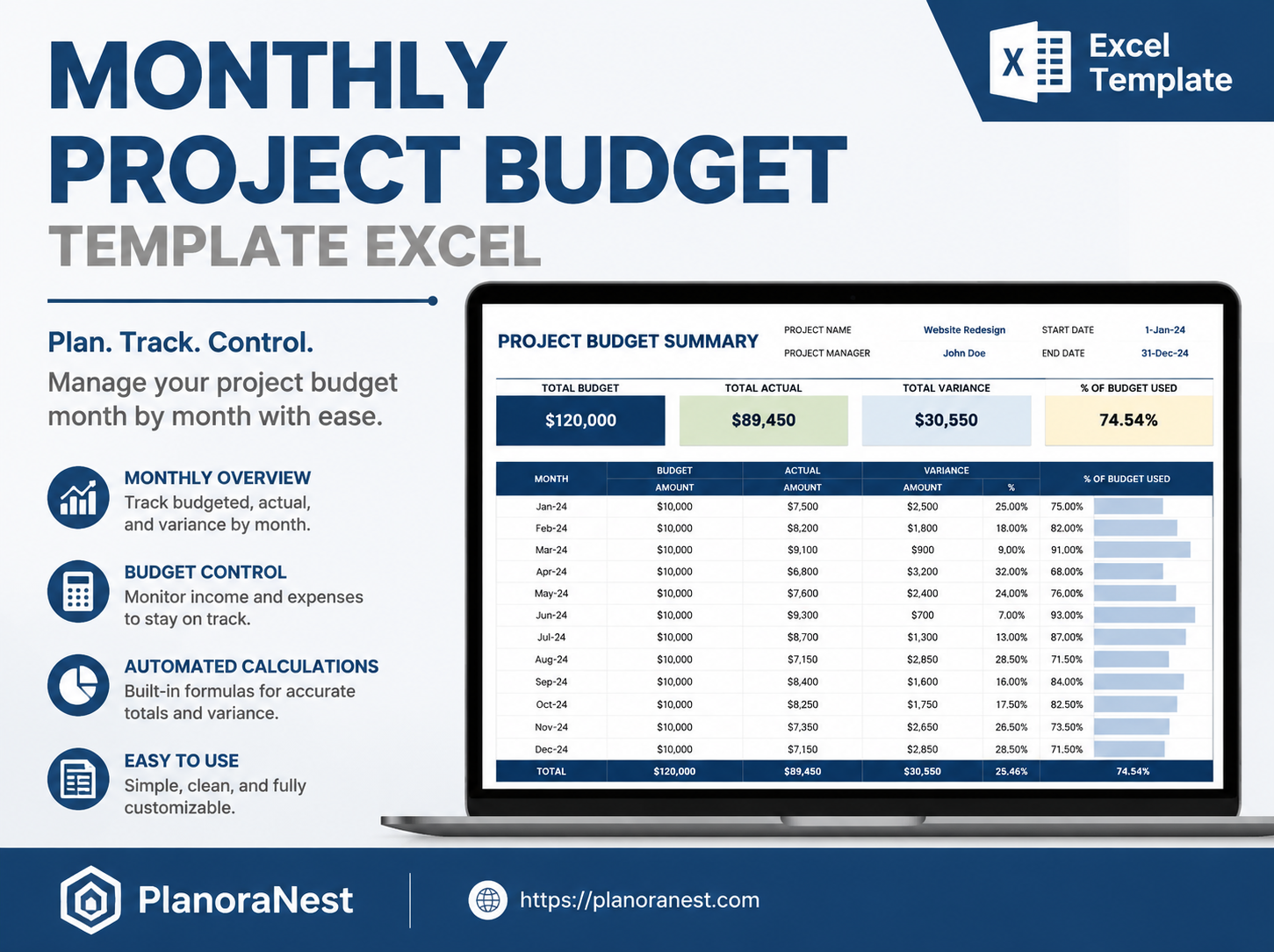 monthly project budget template excel cover screenshot — PlanoraNest Excel template